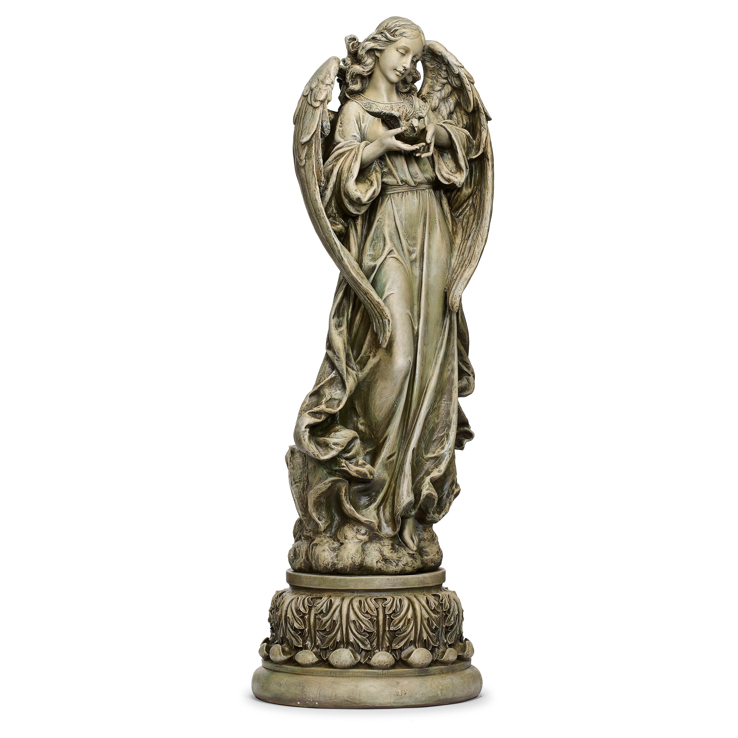 Tall Gray Resin Angel with Dove Garden Statue