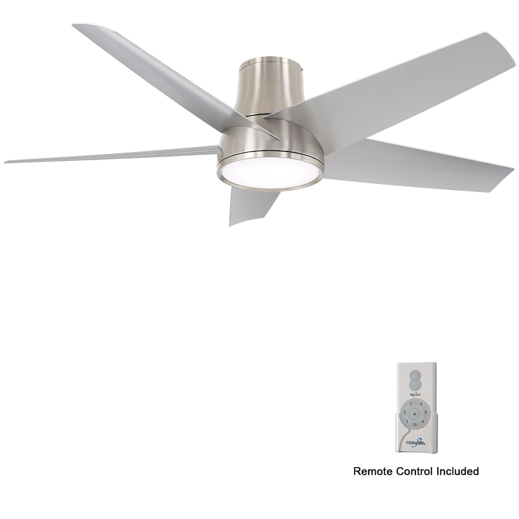 Minka Aire Chubby II 58-in Brushed Nickel Wet with Silver Blades Integrated LED Indoor/Outdoor Flush Mount Smart Ceiling Fan with Light and Remote (5-Blade) F782L-BNW Sansujyuku sansujyuku.com