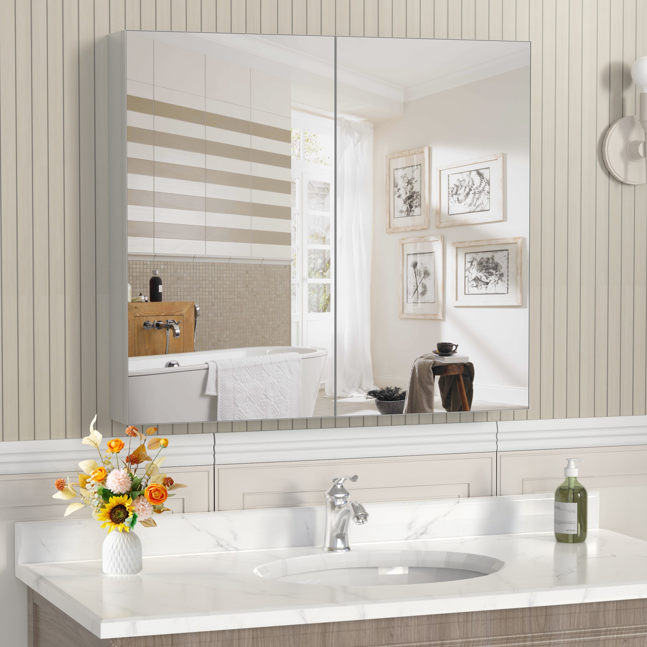 WELLFOR 32-in x 28-in Surface Mount Silver Mirrored Rectangle Soft Close Medicine Cabinet