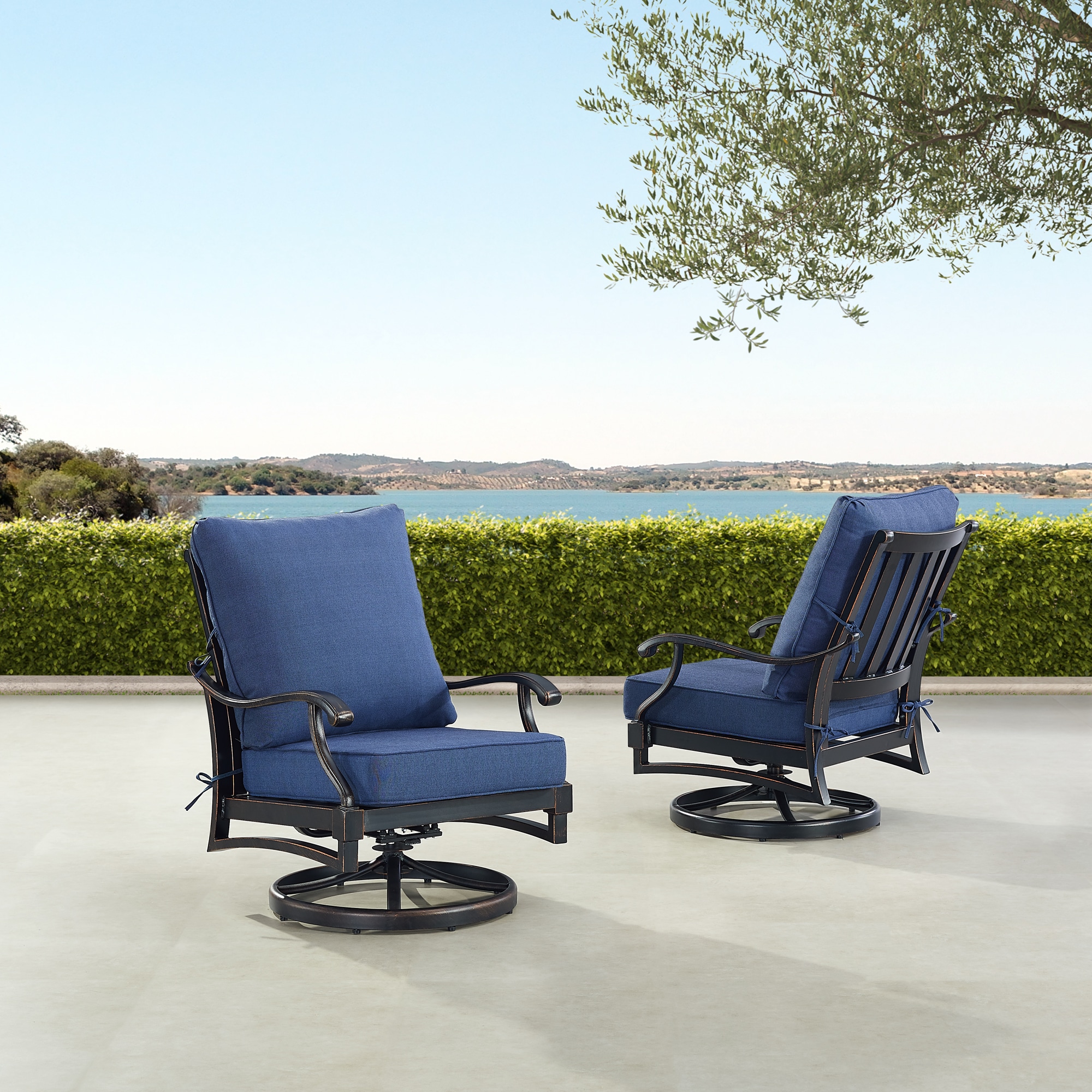 Oakland Living SHAO2CHBLCUA Deep Seating Patio Club Chairs Set of 2 Black Antique Copper Aluminum Frame Swivel rocker Conversation Chair with Blue Cushioned Seat