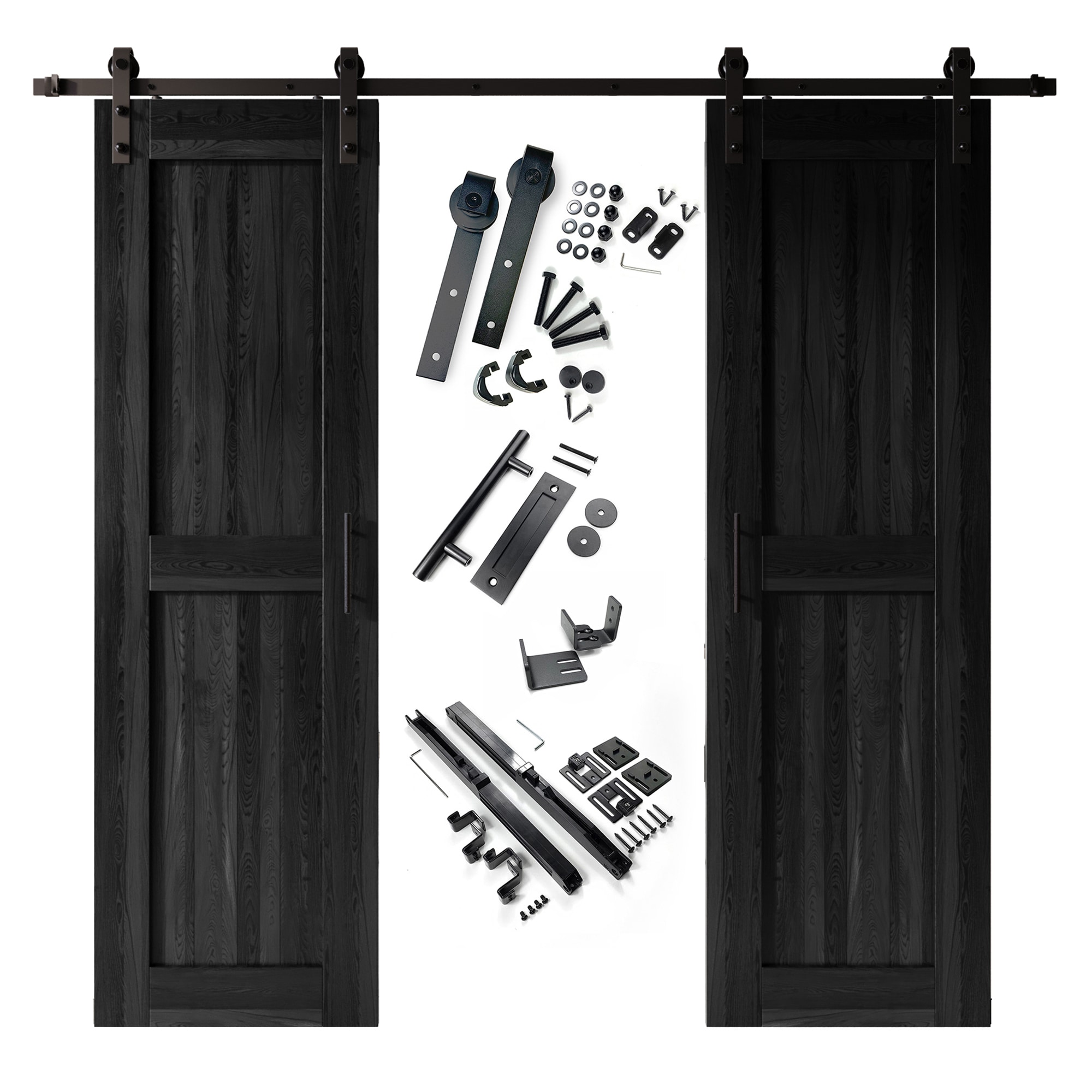 HOMACER YT2TGH120C-2884-H-BK 28-in x 84-in Black Prefinished Mid-Bar Pine Wood Solid core Double Barn Door (Hardware Included)
