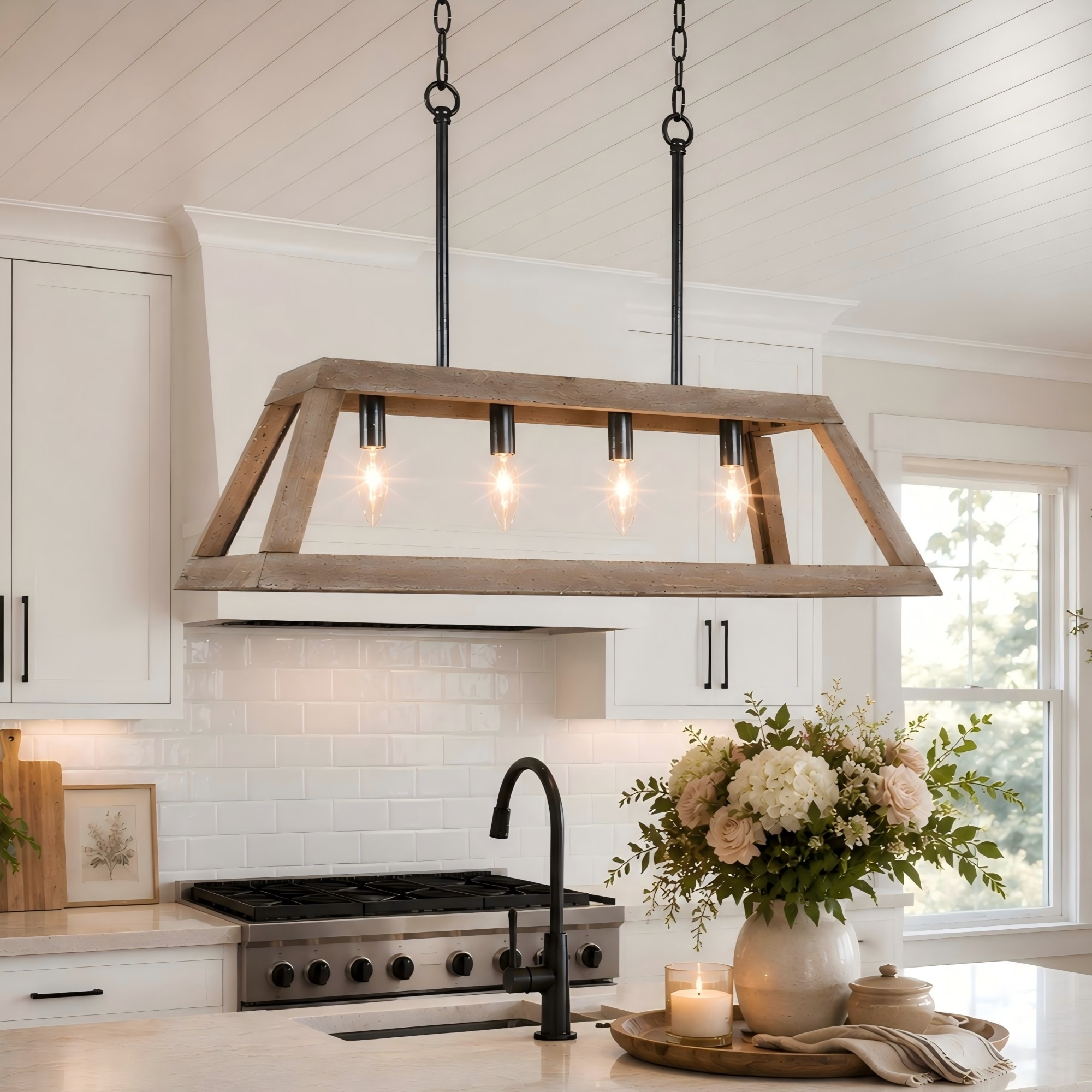 LNC Timeless 4 -Light Matte Black and Weather White Wood Farmhouse Wood Geometric Medium Hanging Kitchen Island Light