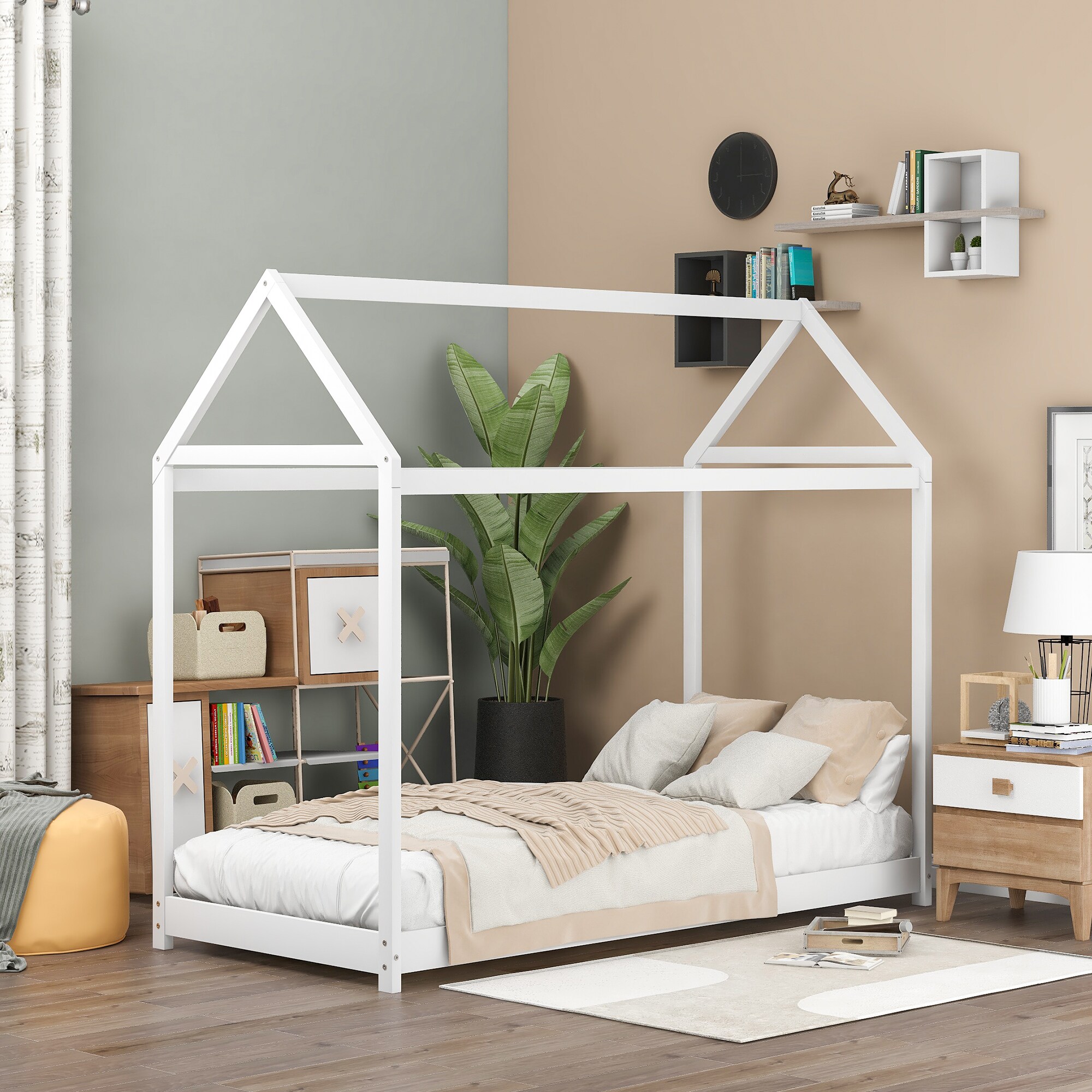 CASAINC Twin size wooden house bed White Twin 4-Poster Bed in the Beds ...