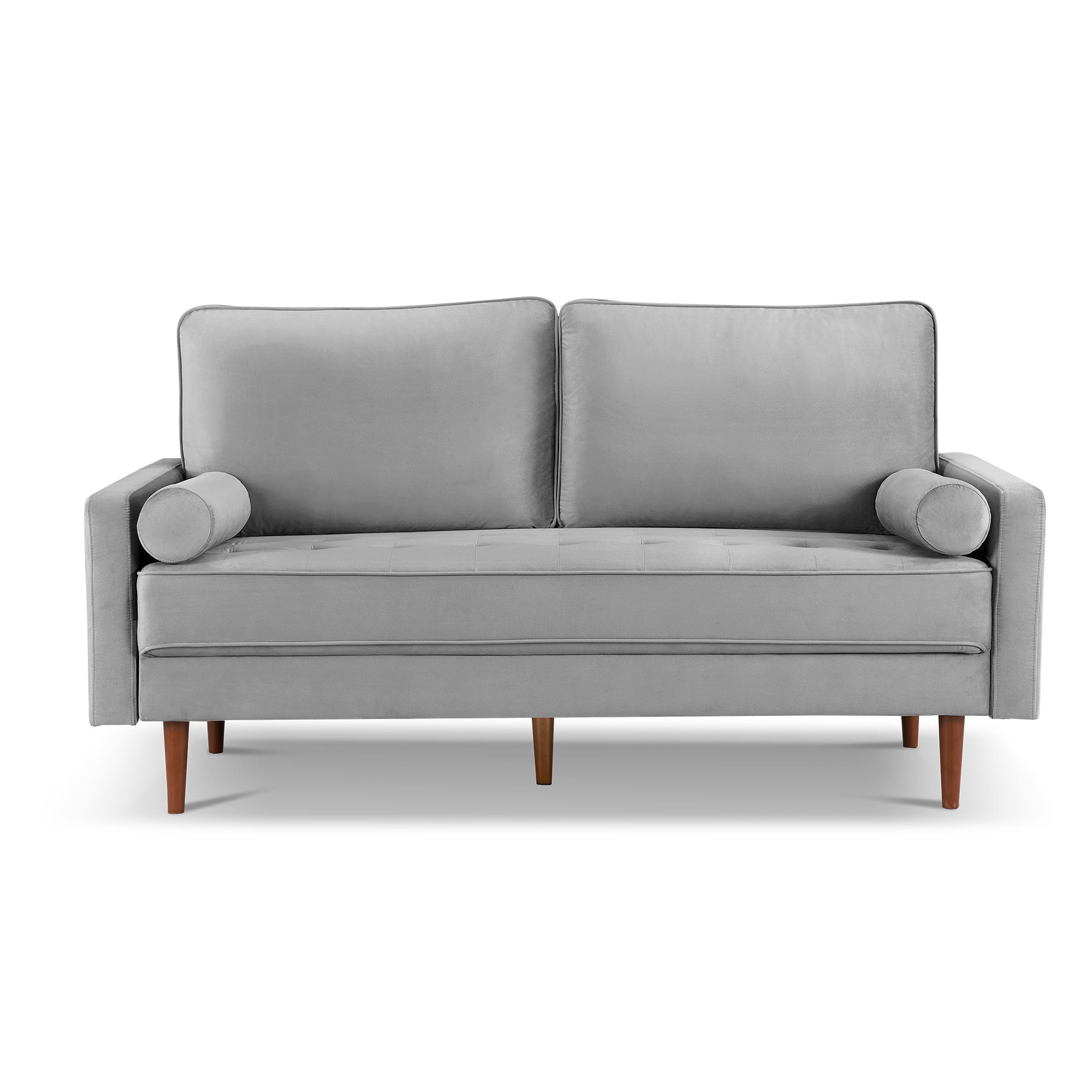 69 Inch Grey Velvet Sofa with Wood Legs and Bolster Pillows