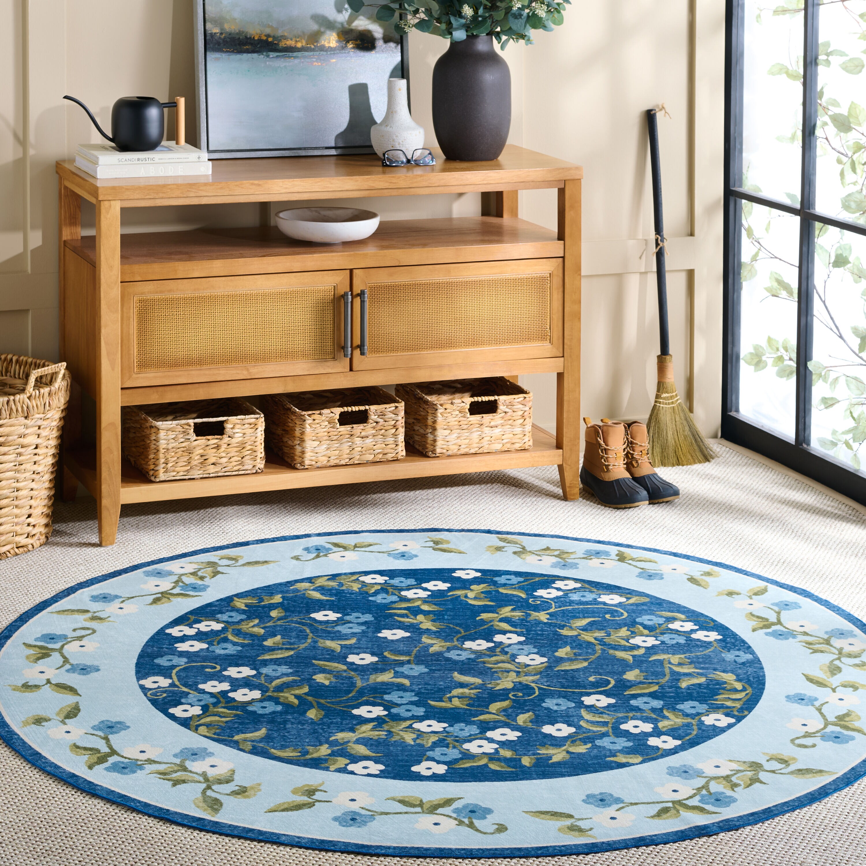 Safavieh - Martha Stewart Washable Floral 195M Dark Blue/Light Blue 6ft x 6ft Country Floral Rug