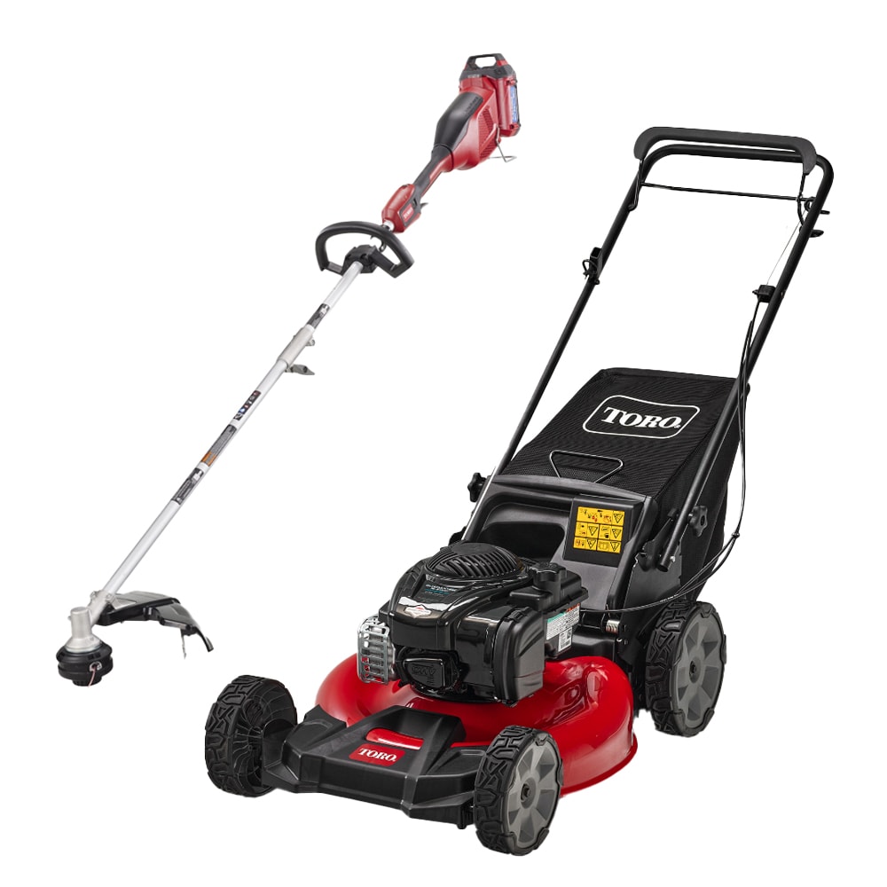 Toro Recycler 21-in Gas Self-propelled Lawn Mower and Flex-Force 60-volt Max 16-in Straight Shaft Battery String Trimmer 2.5 Ah Bundle Battery and