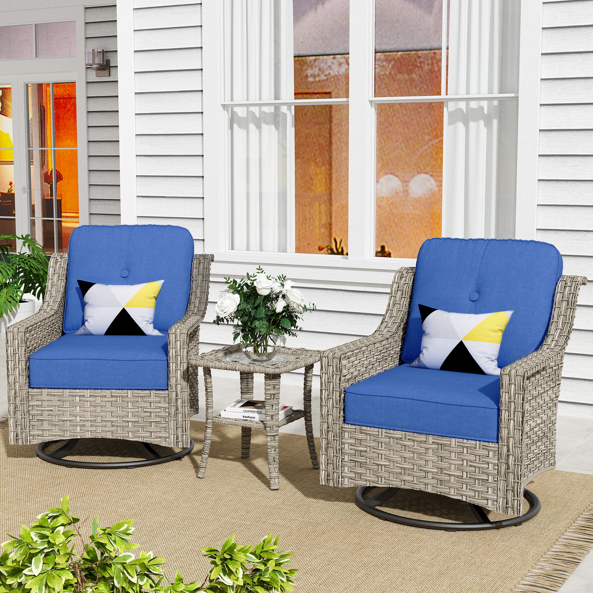 Pouuin SYZPAD703 3 -Piece Rattan Patio Conversation Set with Blue Cushions