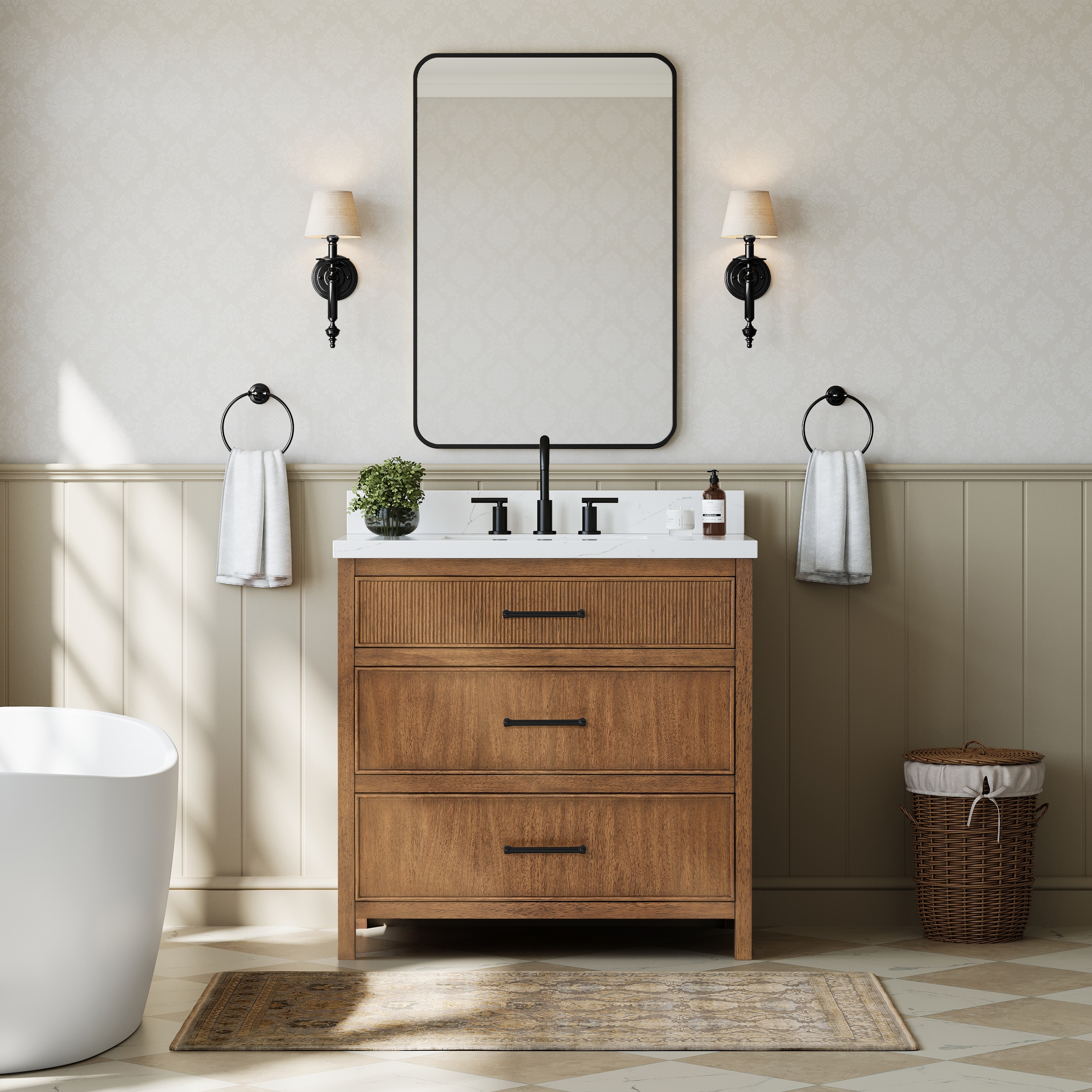 Wyndham Collection Isola 36 Inch Single Bathroom Vanity in Toasted Walnut, Giotto Quartz Countertop, Undermount Square Sink (3-Hole), Matte Black Trim