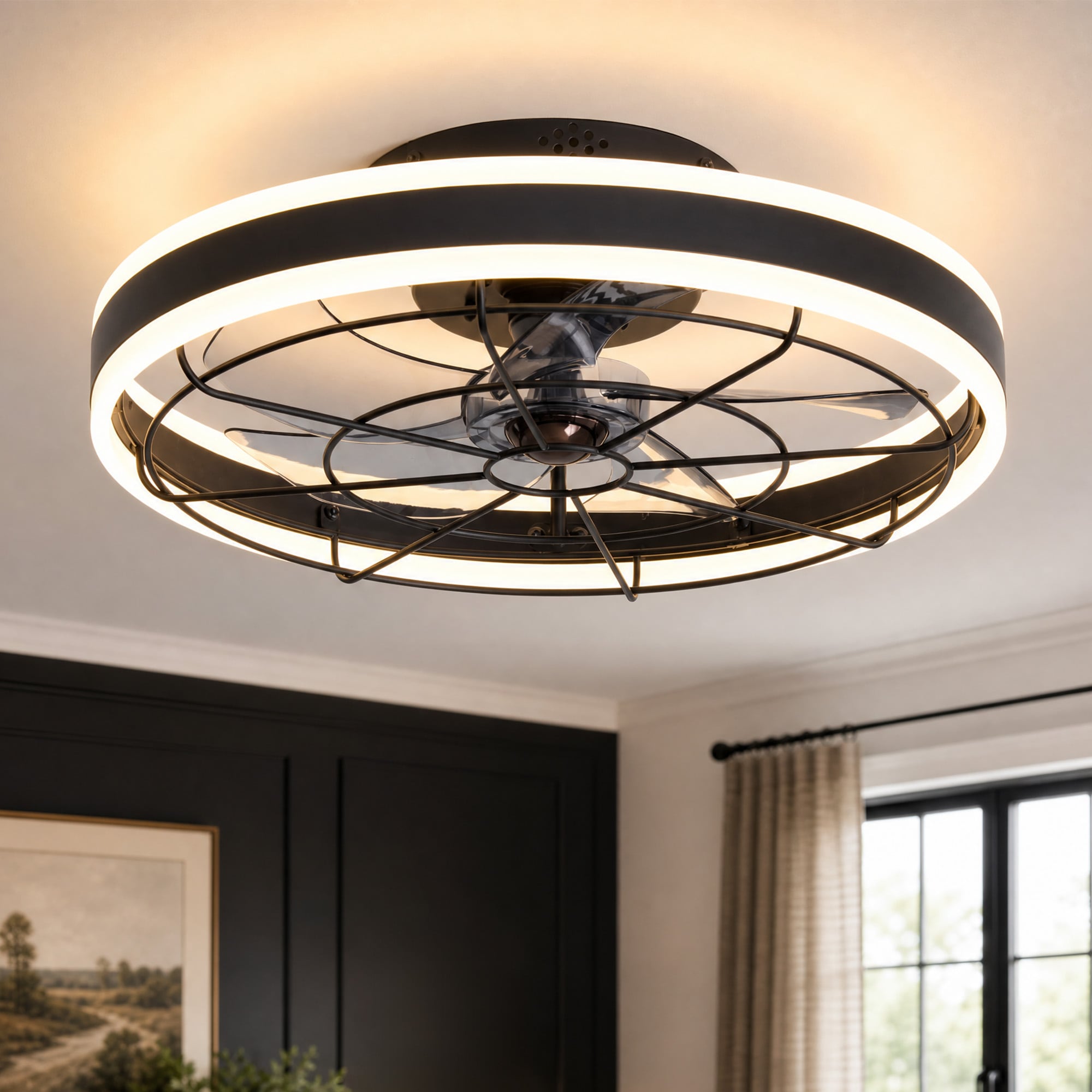 Antoine Modern Low profile 20-in Black with Gray Clear Blades Adjustable White LED Flush Mount Smart Cage Ceiling Fan With Light and Remote Control Included 5 -Blade