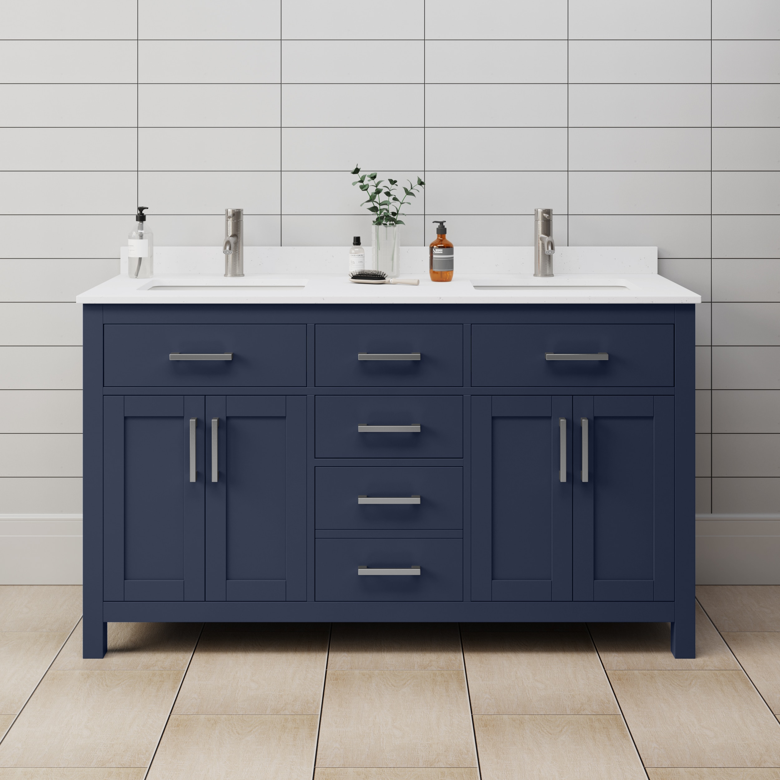 Wyndham Collection WCG242460DBNWCUNSMXX Beckett 60-in Dark Blue with Brushed Nickel Trim Undermount Double sink Bathroom Vanity with White Cultured Marble Cultured marble Top