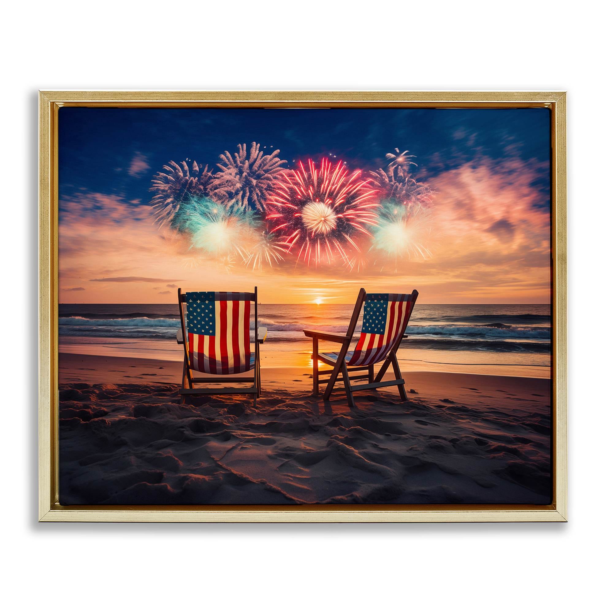 Stupell Industries BT-700-FFG-16X20 Summer Fireworks at Beach Gold Framed Floater Canvas Wall Art By Arlington Prints 21 x 17