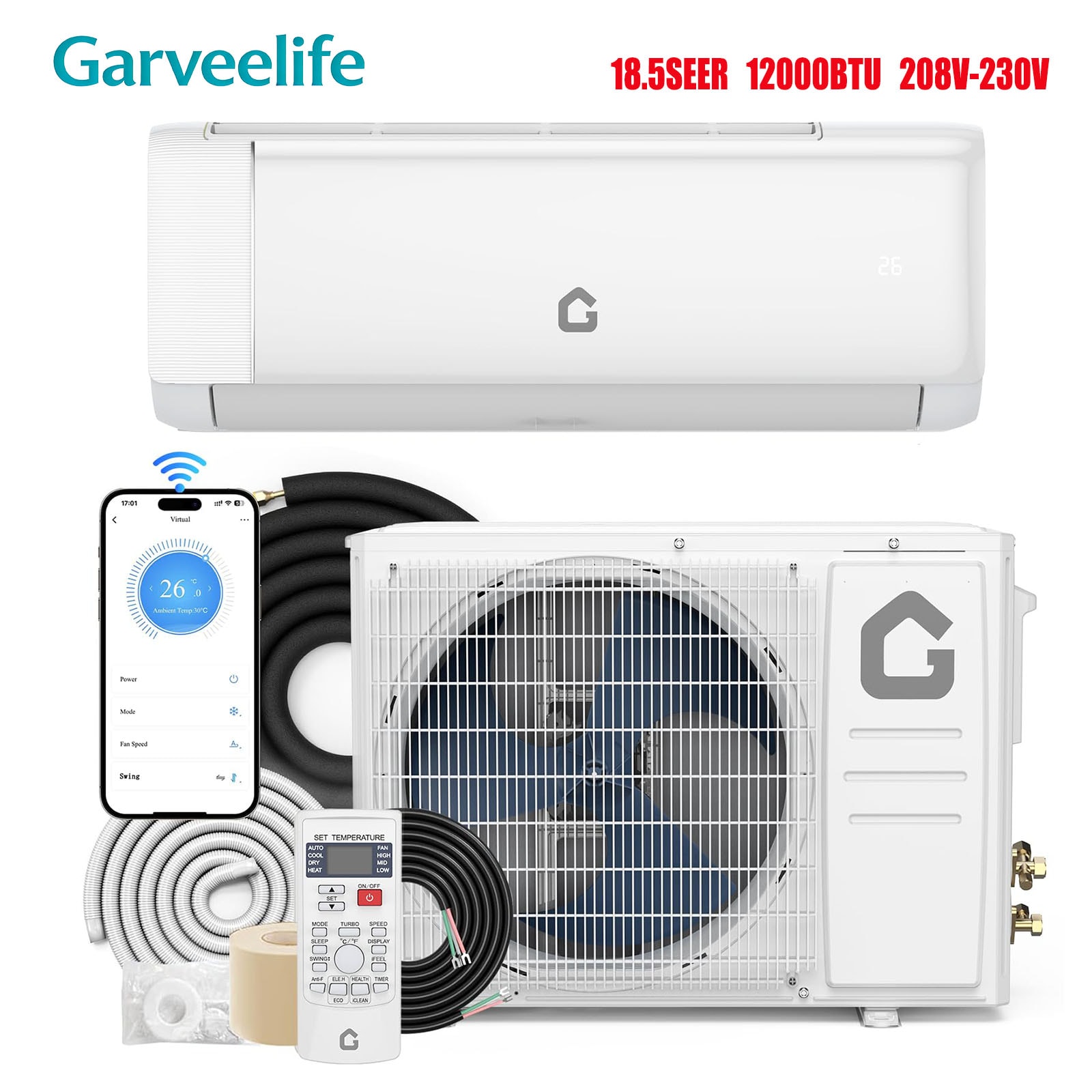 GarveeLife 18.5 SEER2 12000 BTU Mini Ductless Split Air Conditioner Heat Pump System  230V Inverter AC Cool Up to 750 Sq Ft Installation Kits