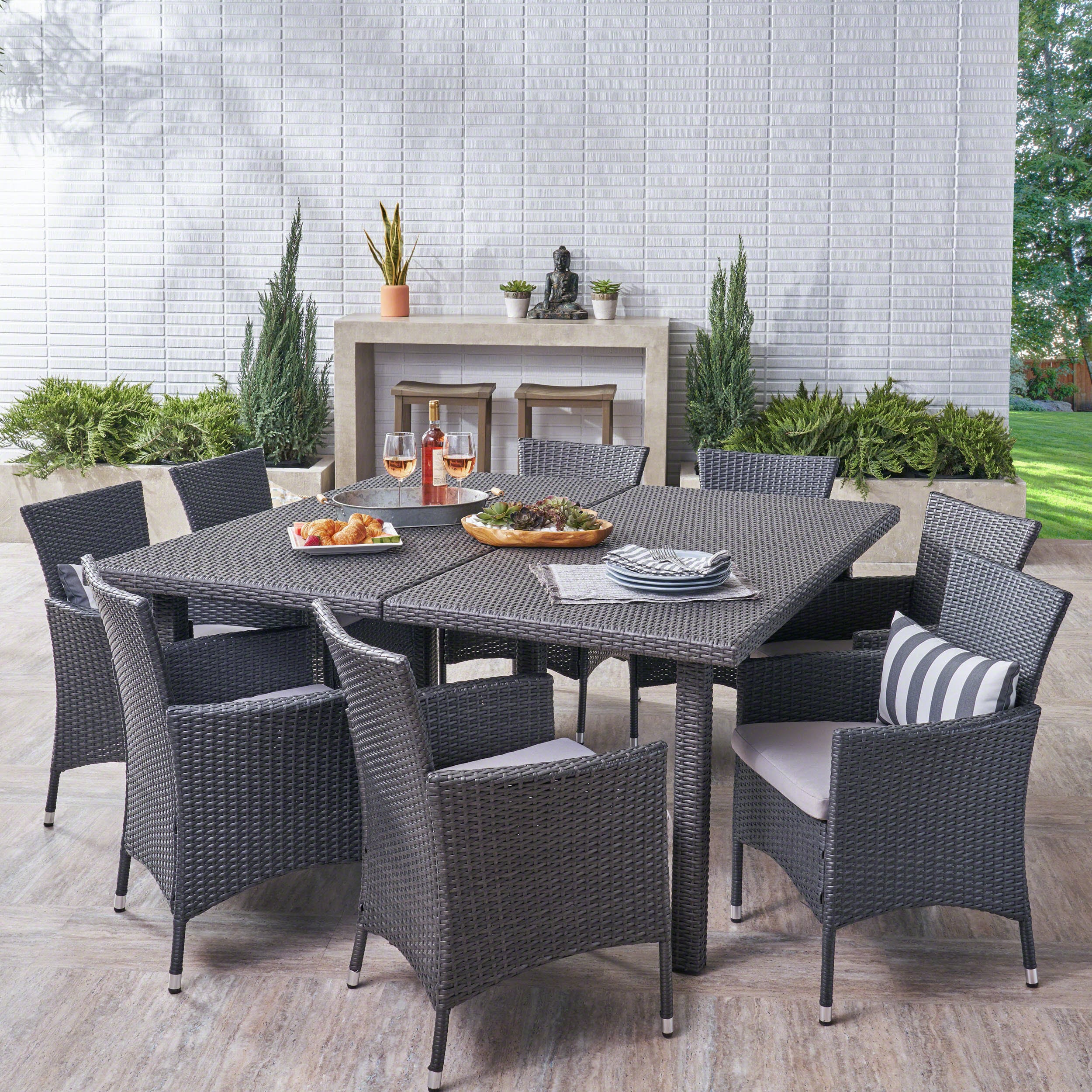 Christopher Knight Home 303917 Aristo Outdoor 9 Piece Grey Wicker Square Dining Set with Silver Water Resistant Cushions