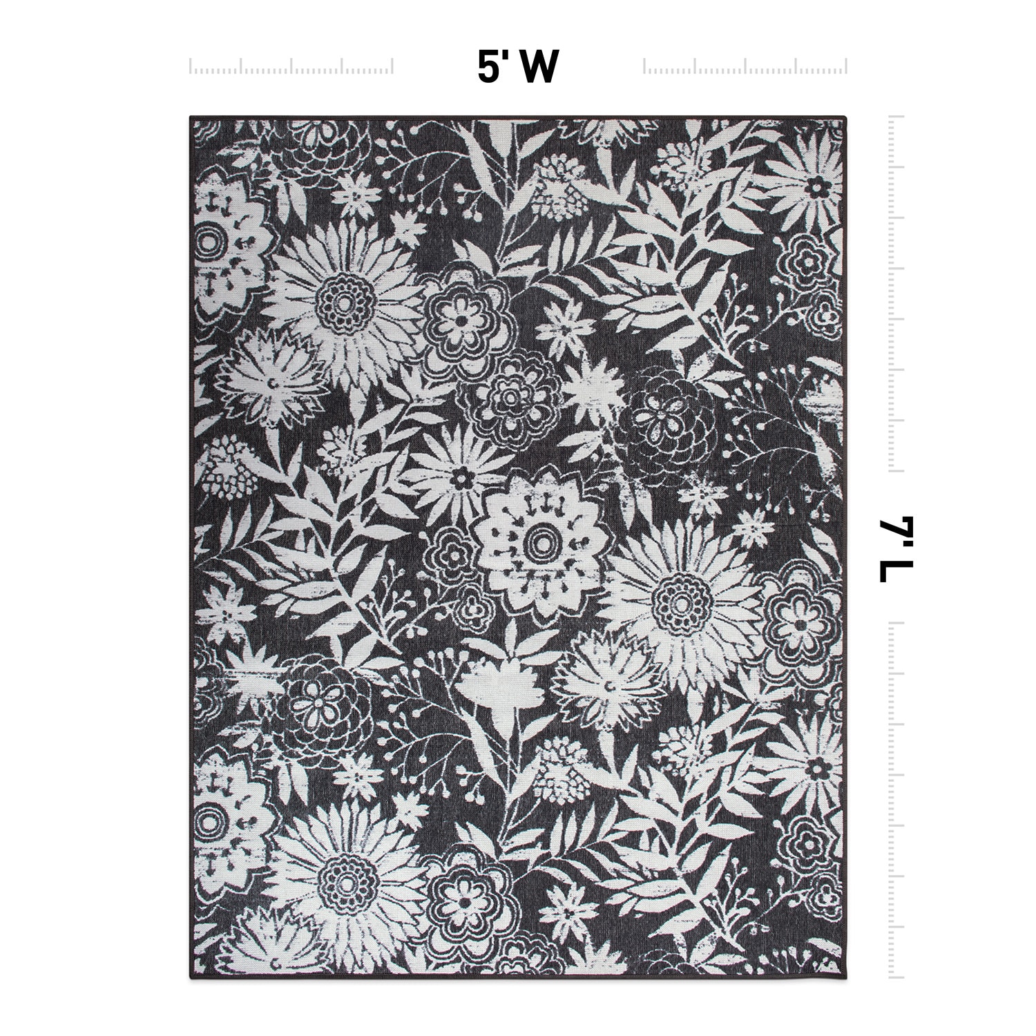Gray and White Floral Synthetic 5' x 7' Indoor/Outdoor Area Rug
