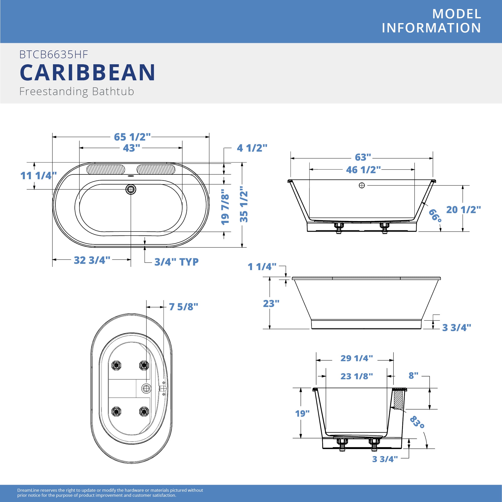 Caribbean 66 in. W x 36 in. D Acrylic Freestanding Bathtub in White - DreamLine BTCB6635HFXXC00