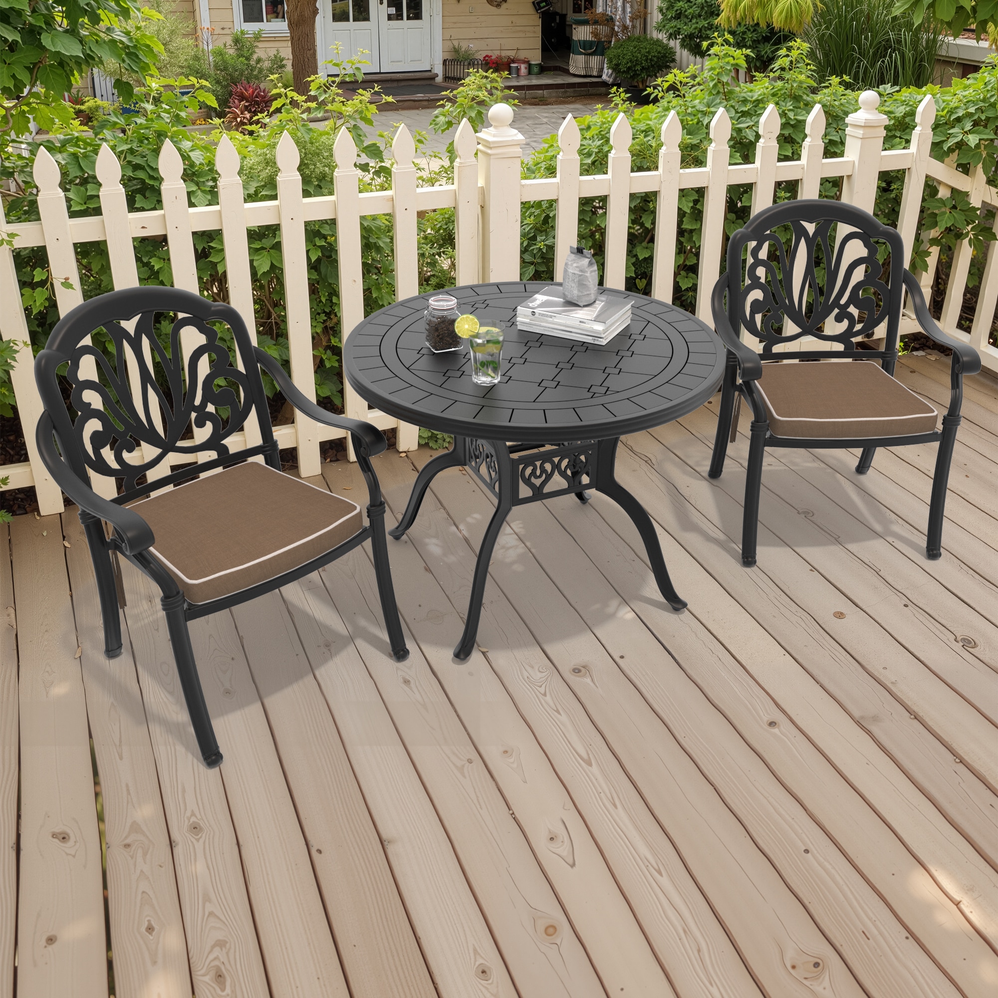nicesure SLBK6002CZ2A1149RC 3 -Piece Black Patio Dining Set Aluminum Round Table with 2 Cushions Stackable Stationary Chairs