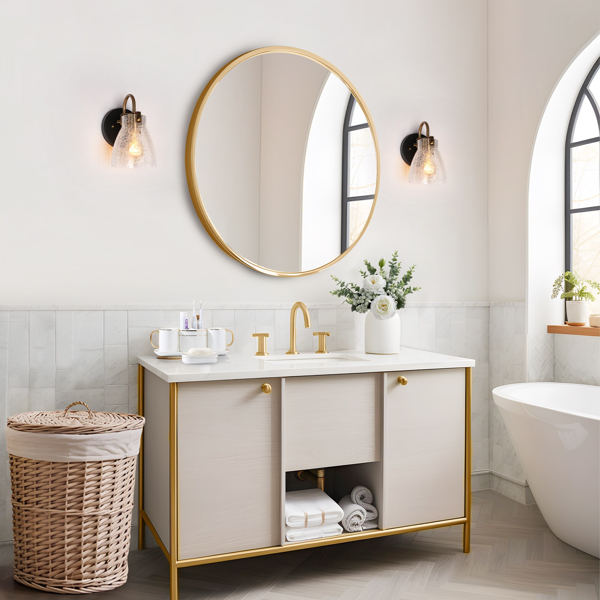 Matte Black and Gold Wall Sconce with Crackled Glass Shade