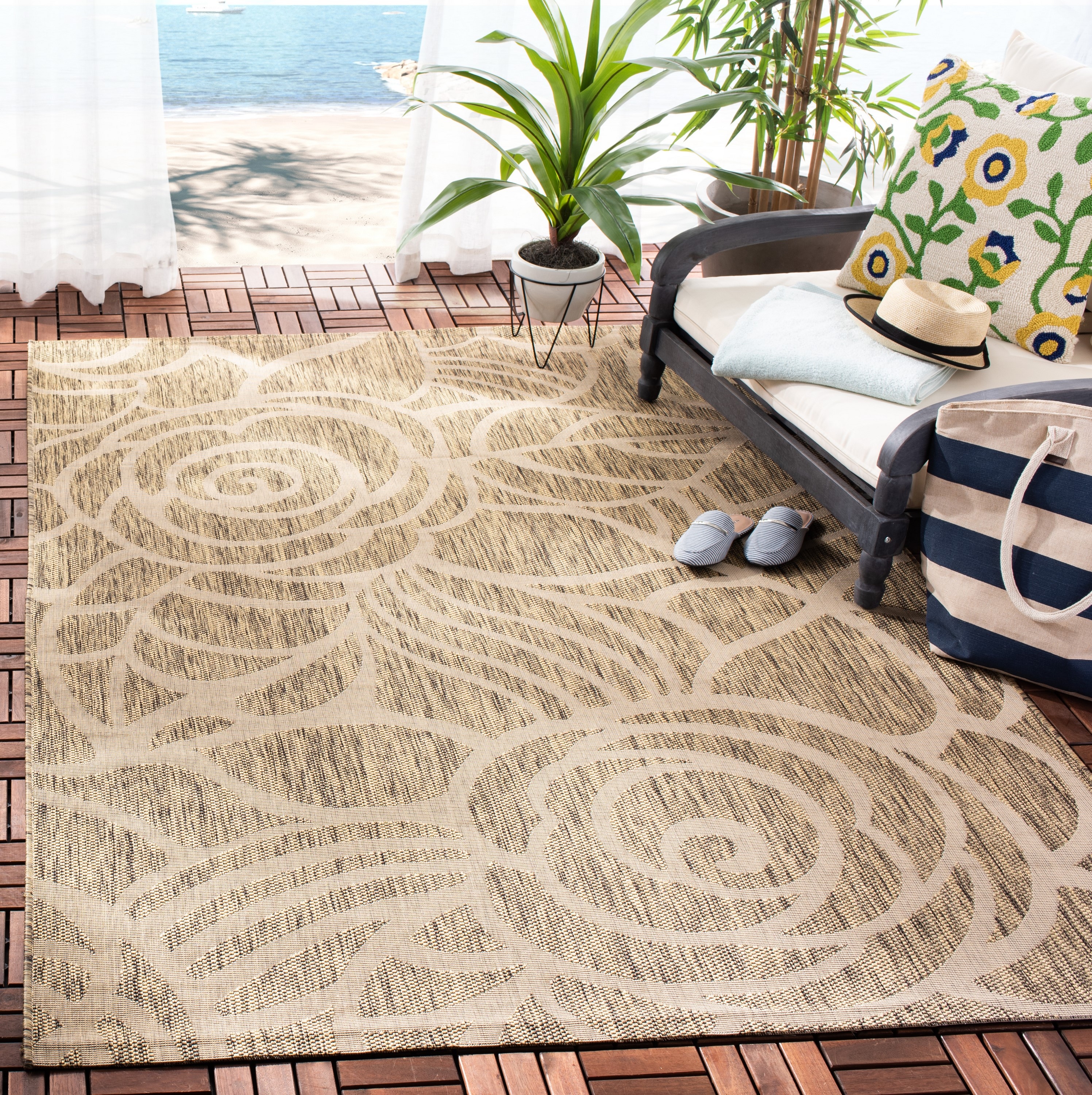 Safavieh CY5141B-5 Courtyard Loire 5 x 8 (ft) Loomed Polypropylene Coffee/Sand Rectangular Indoor/Outdoor Floral/Botanical Coastal Area rug