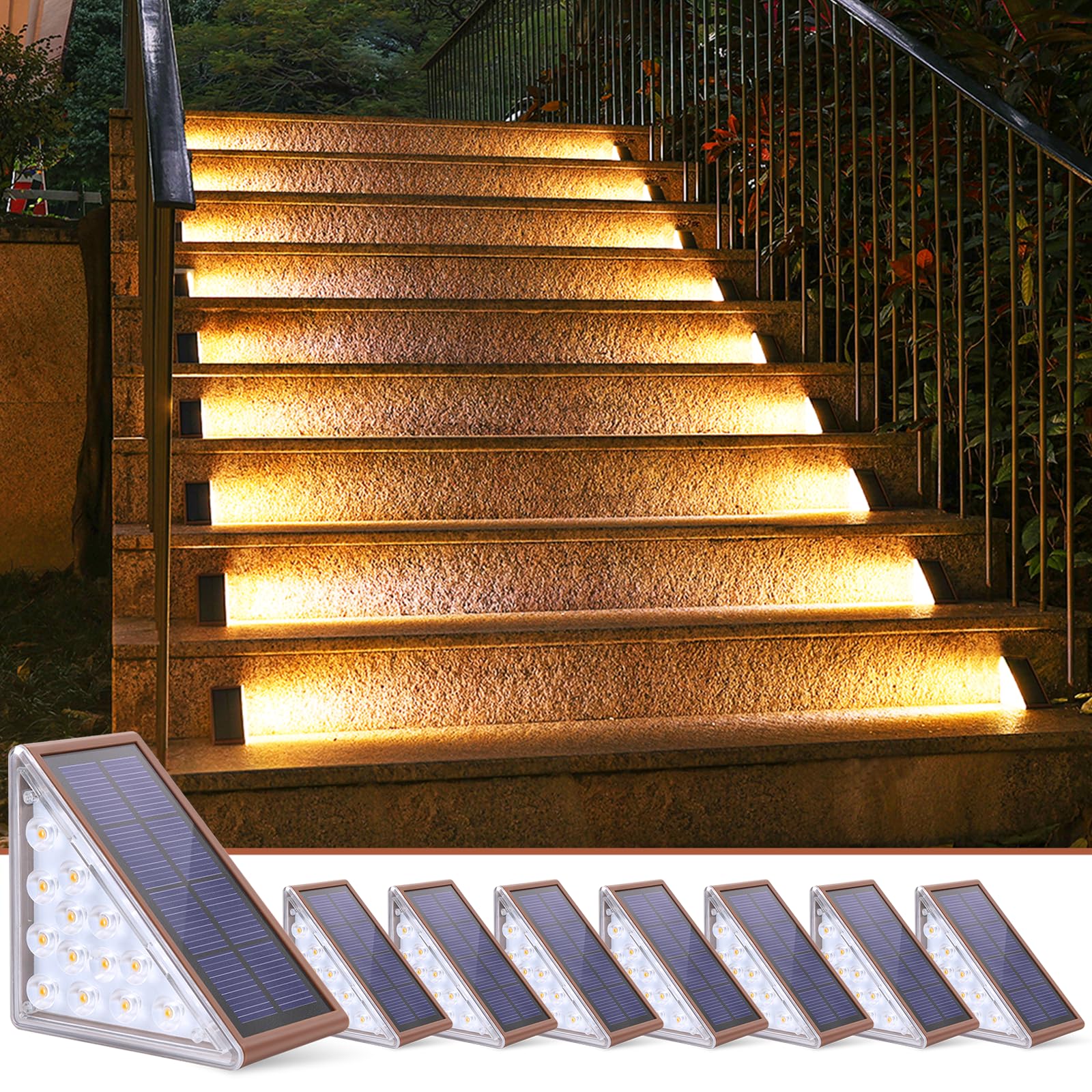 Vrbgify  Outdoor Stair Lights 8 pack Solar Step Lights IP67 Waterproof 13 LED Warm White Auto On Off Triangle Design for Steps Deck Patio Yard