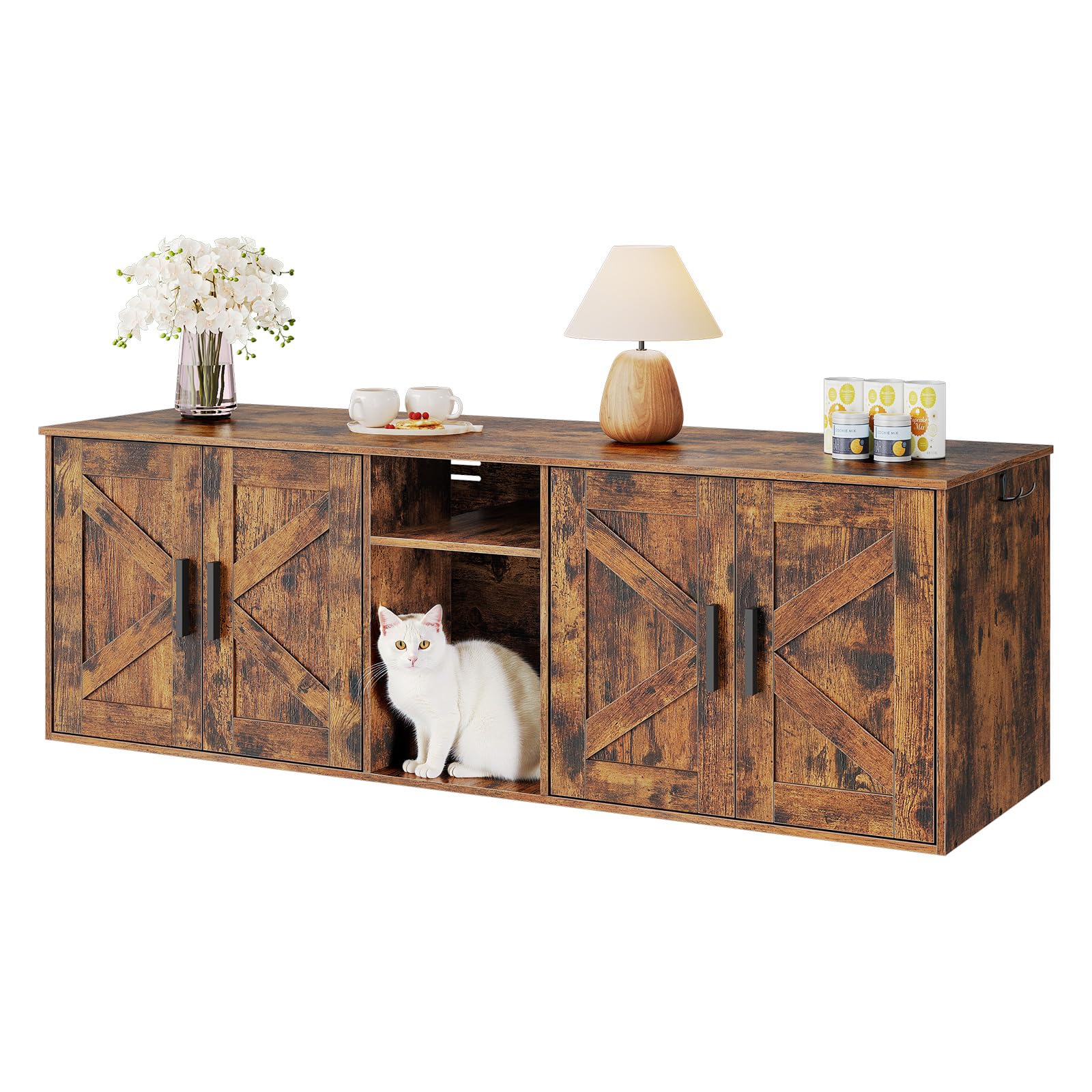 Slickblue Wooden Dual Cat Litter Box Cabinet with Top Shelf Storage and EVA Stability Pads for Living Room or Bedroom - Available in Different Colors
