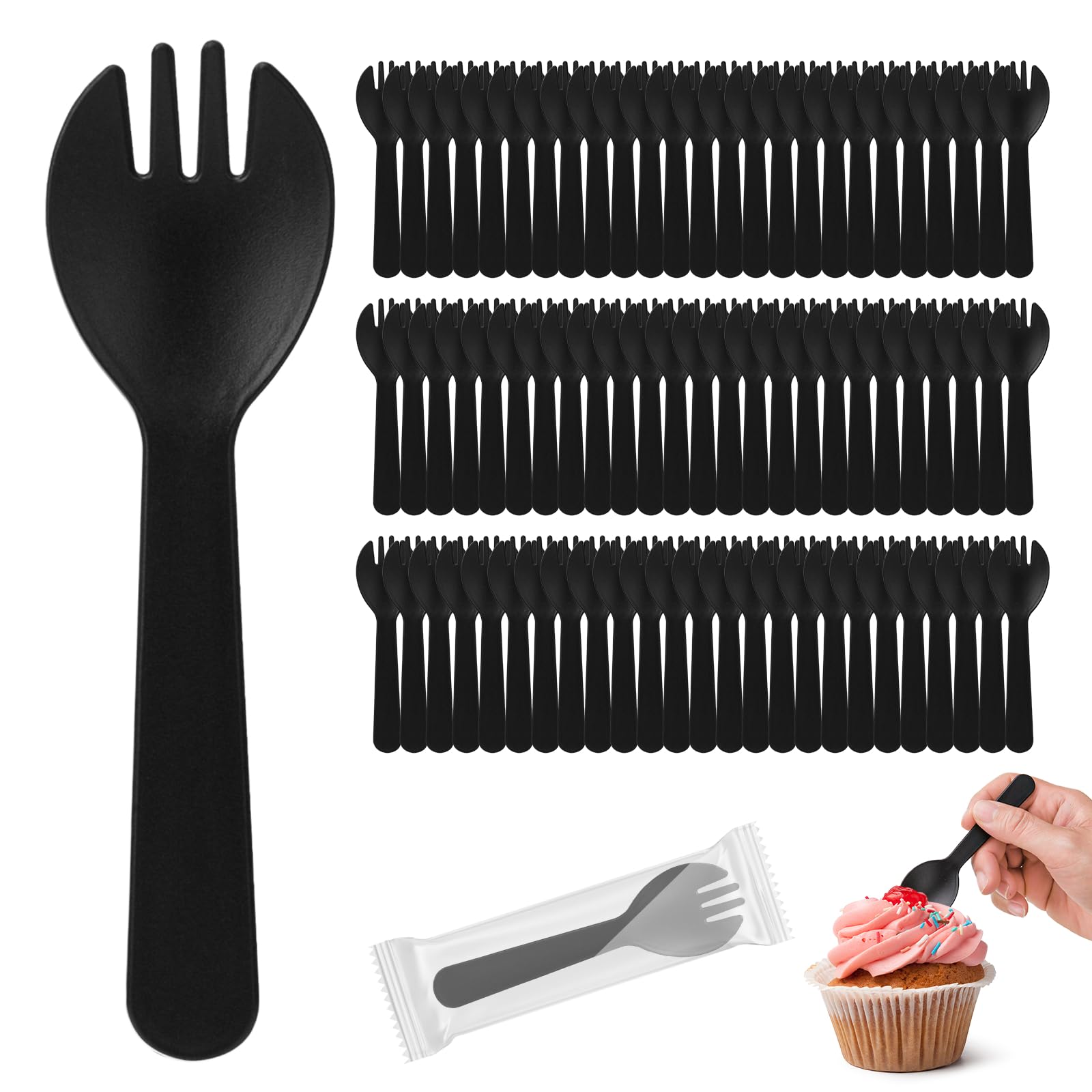 Afoxsos  100Pcs Mini Plastic Spork 4 2 Inch Individually Wrapped Disposable Cutlery Small Black Fork Spoon Combo for Desserts Ice Cream Cakes