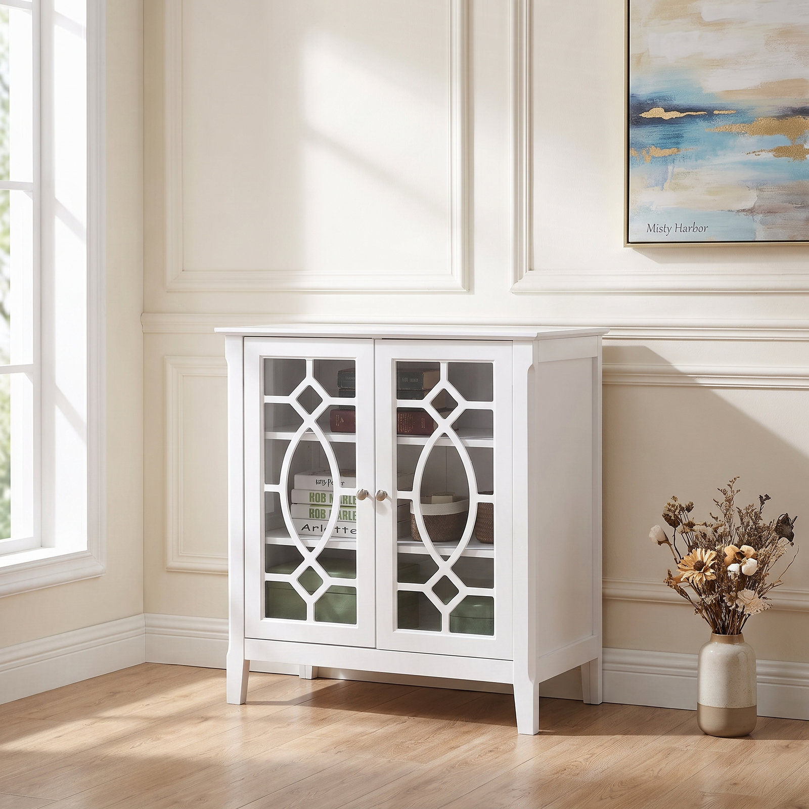 SunJet White Display Cabinet with Double Glass Doors Adjustable Shelves and Elevated Base