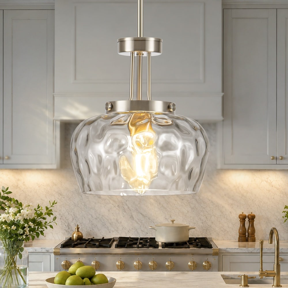 Henveton Jasslynn 1-Light 9.45 in. Modern Brushed Nickel Kitchen Island Pendant Lights with Hammered Glass Hanging Light for Dining Room
