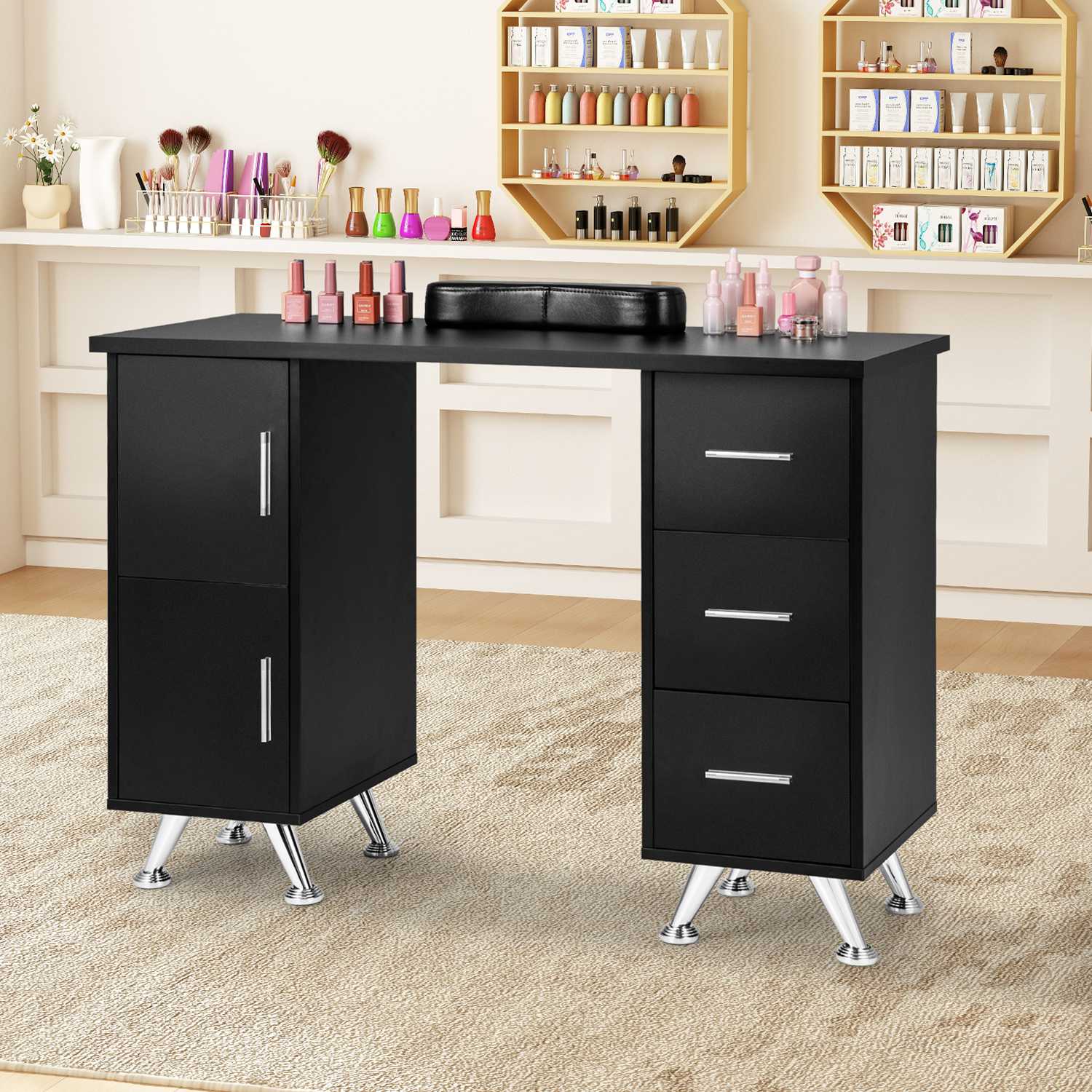 Costway CSHY001602 Wooden Nail Desk Station with Removable Wrist Rest Metal Legs and 3 Drawers 2 Cabinets Black