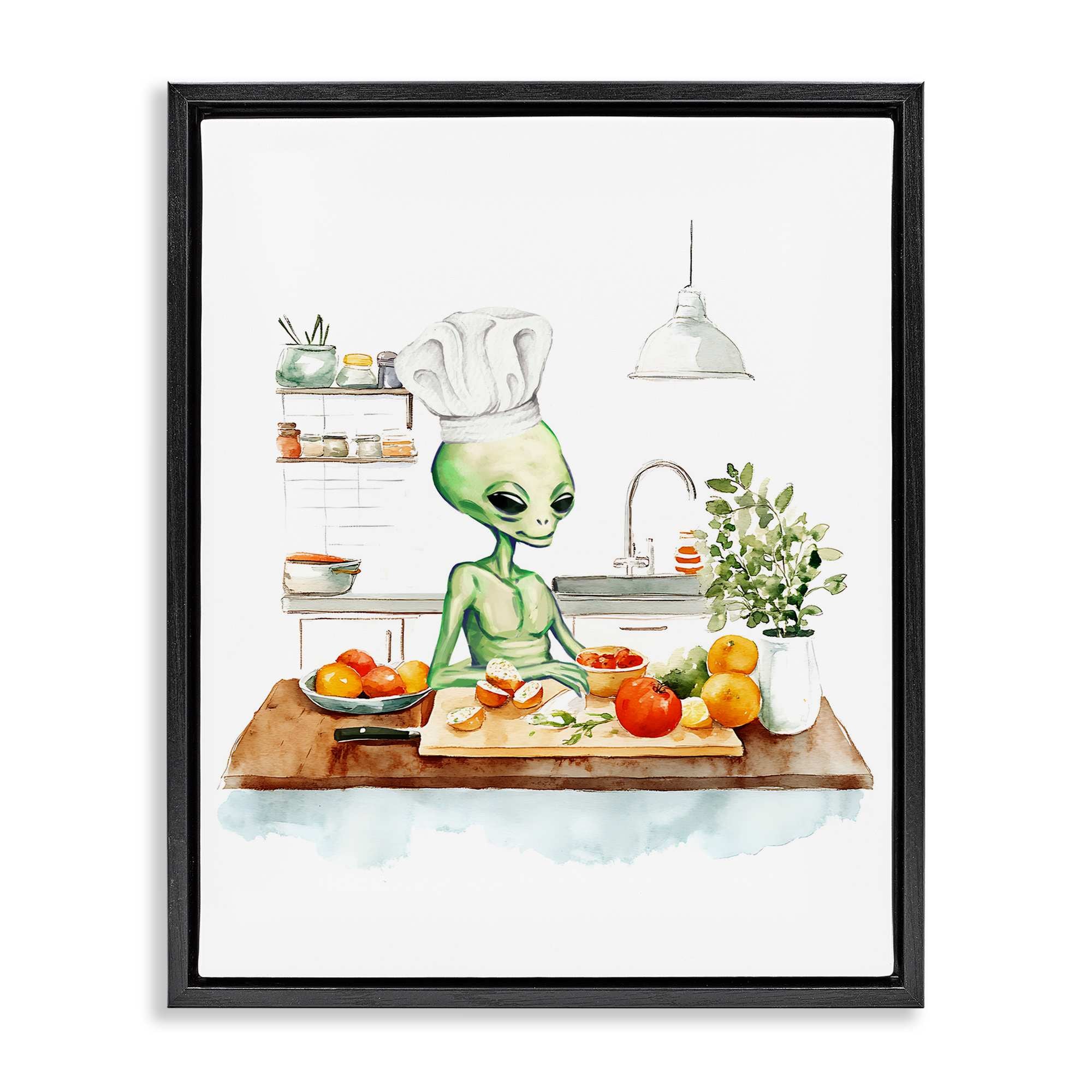 Stupell Industries BT-084-FFB-24X30 Chef Alien in Kitchen Black Framed Floater Canvas Wall Art By Lil Rue 25 x 31