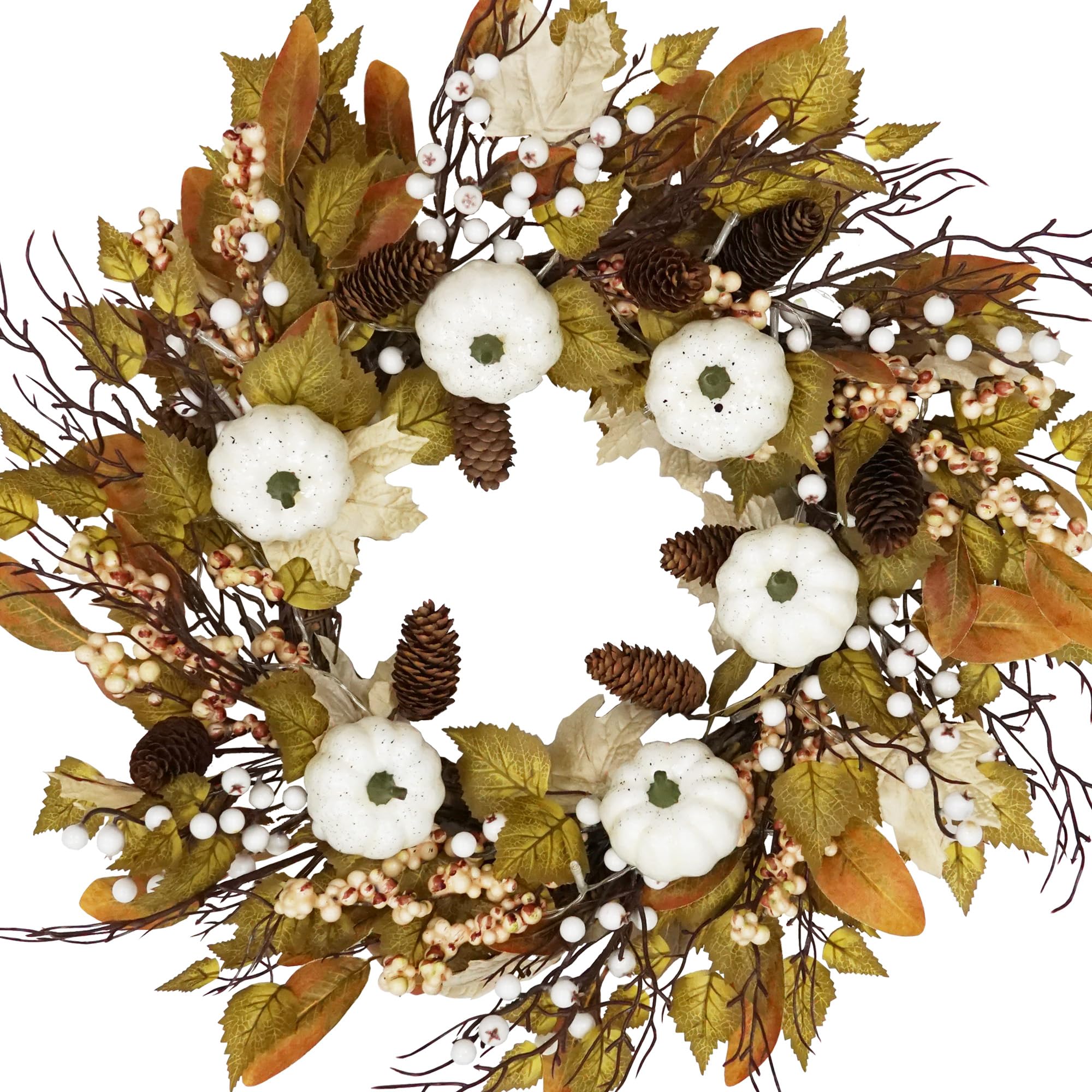 Misopily  24 Inch Fall Wreath with White Pumpkin Warm LED Light Autumn Thanksgiving Front Door Decoration durable home and garden accessory
