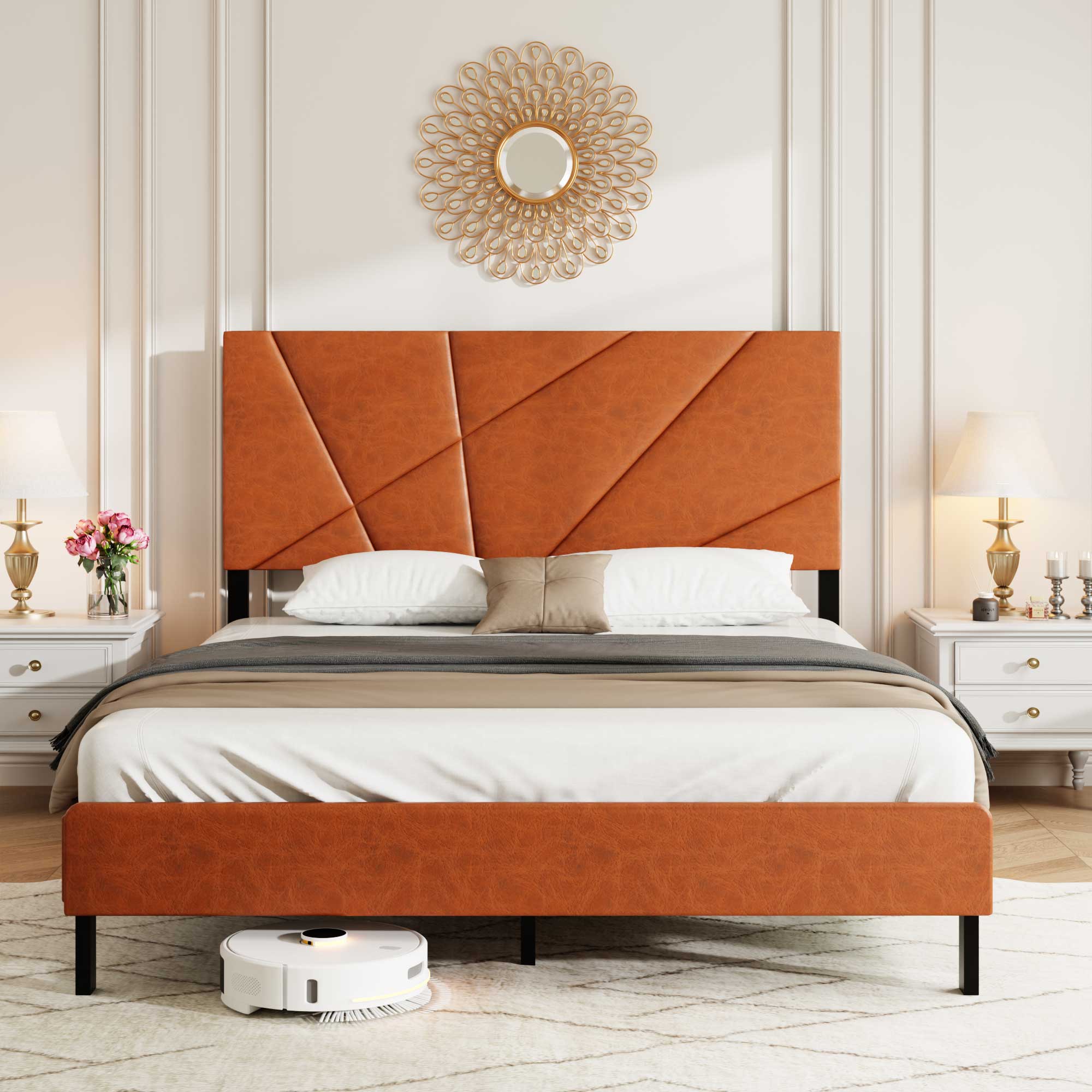 Sumyeg - Queen Antique Brown Metal Tufted Bed Frame with Headboard