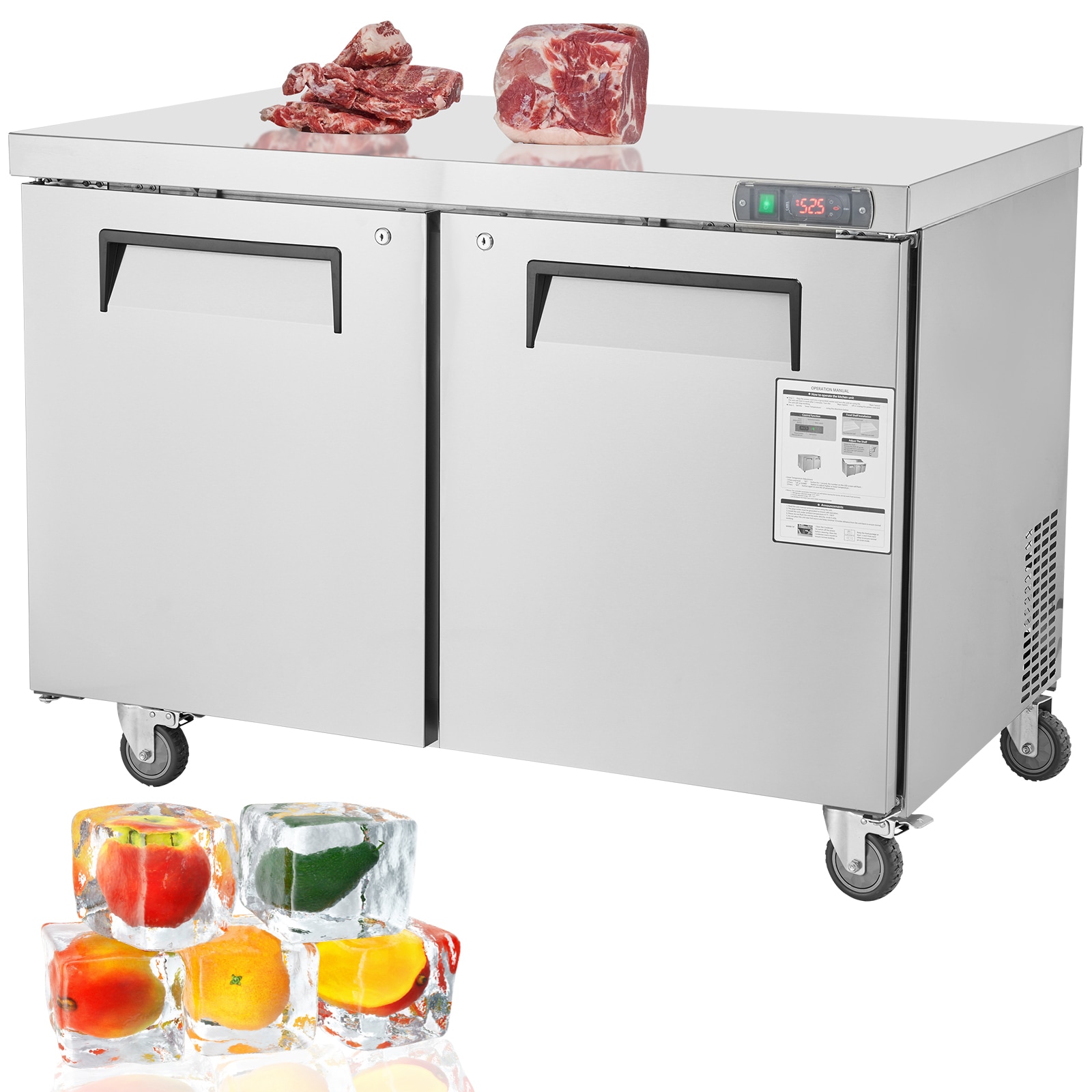 SVOPES SCFLWSLZGZT104526V1 48-IN Commercial Frozen Refrigerator Sandwich and Salad Prep Table 12.9 Cu. Ft Stainless Steel Refrigerated Food Prep Station with 2 Doors Frost Free Refrigerator with Lock for Restaurant Bar