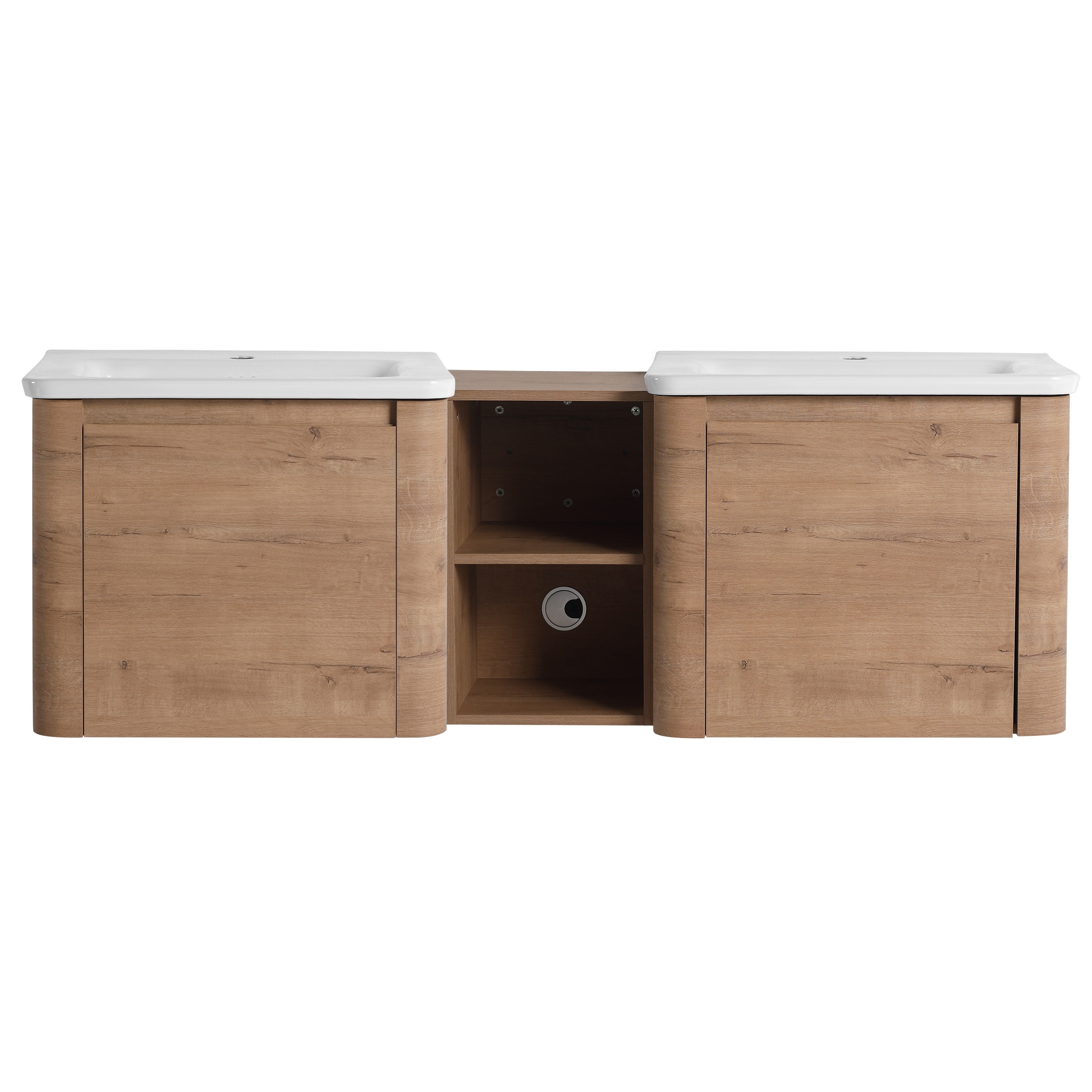 LIVACA - 60 inch Imitative Oak Plywood Wall-Mounted Bathroom Vanity with White Ceramic Sink and S...