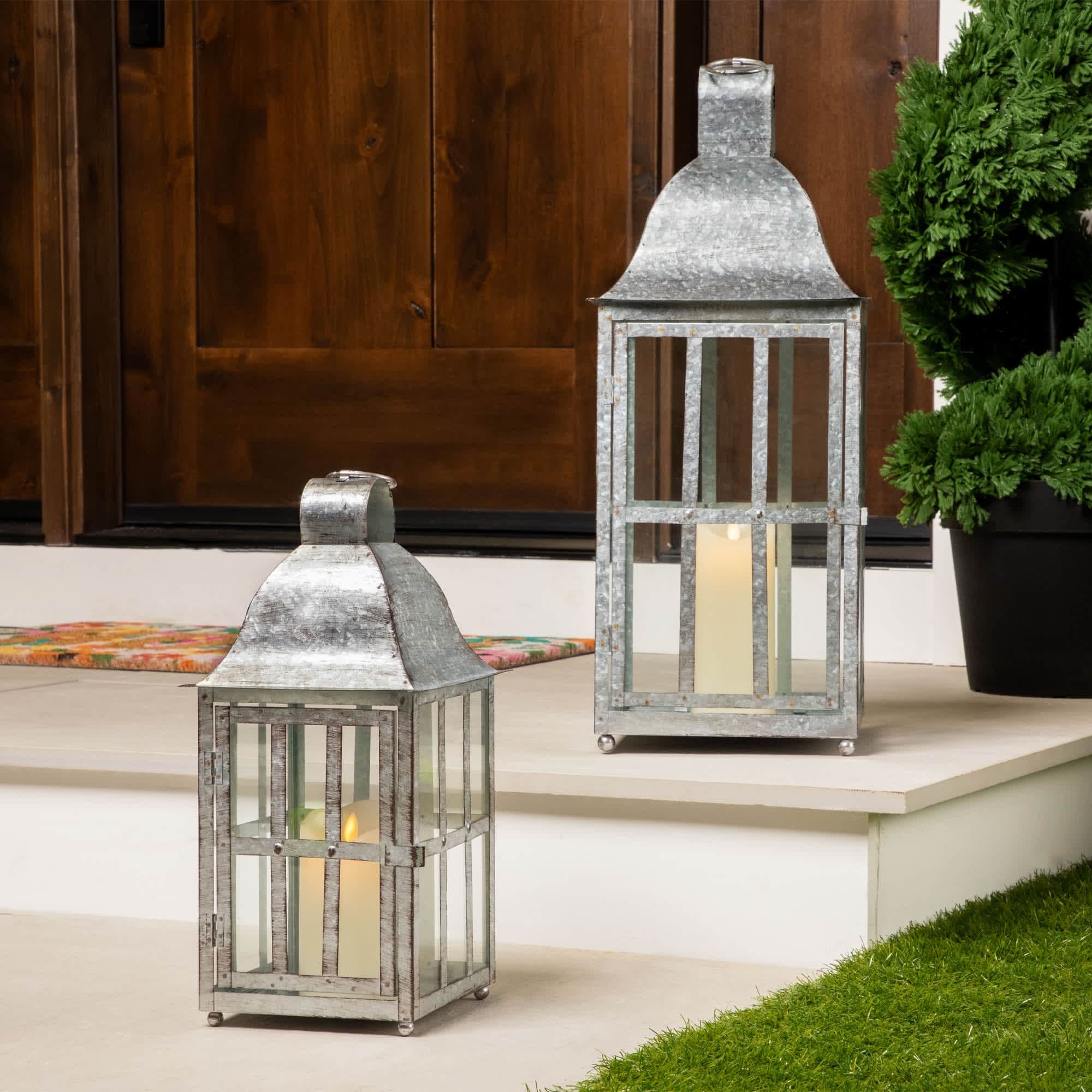 Northlight Distressed Galvanized Metal Candle Lanterns - 23.75 inch - Set of 2
