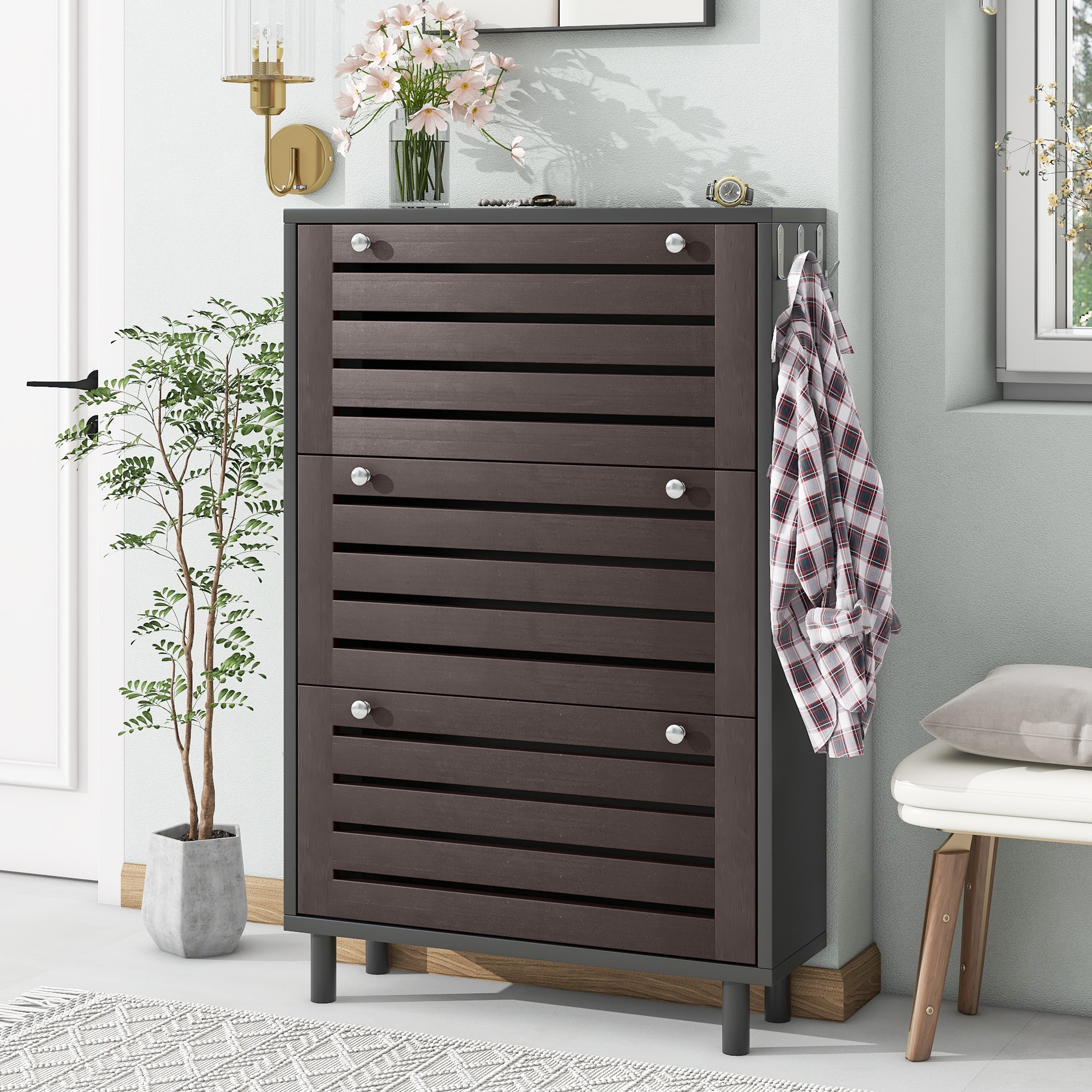 ModernLuxe WF308729AAB Minimalist Slim Tipping Bucket Shoe Cabinet with Hanging HooksSlits Design Panels Entryway Organizer with 3 Flip DrawersFree Standing Shoe Rack with Adjustable Panel for HallwayBlack