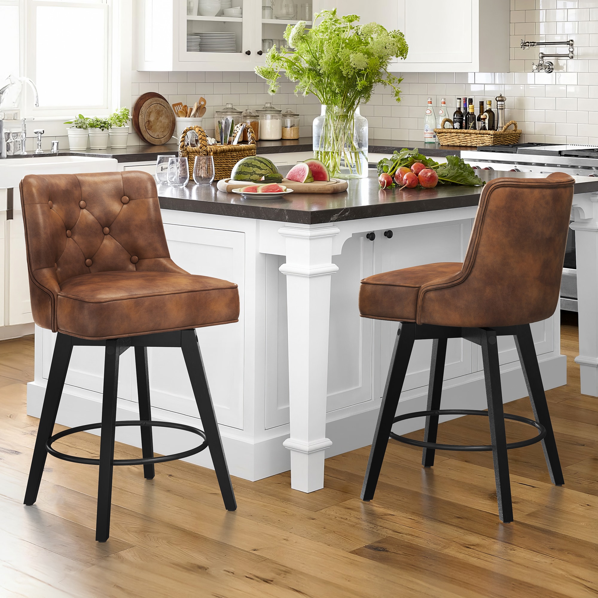 LUE BONA YB-155-06LS Set of 2 Brown/Faux Leather 26-in H Counter height (24-in to 27-in) Square Seat Upholstered Swivel Wood Back Bar Stool Back