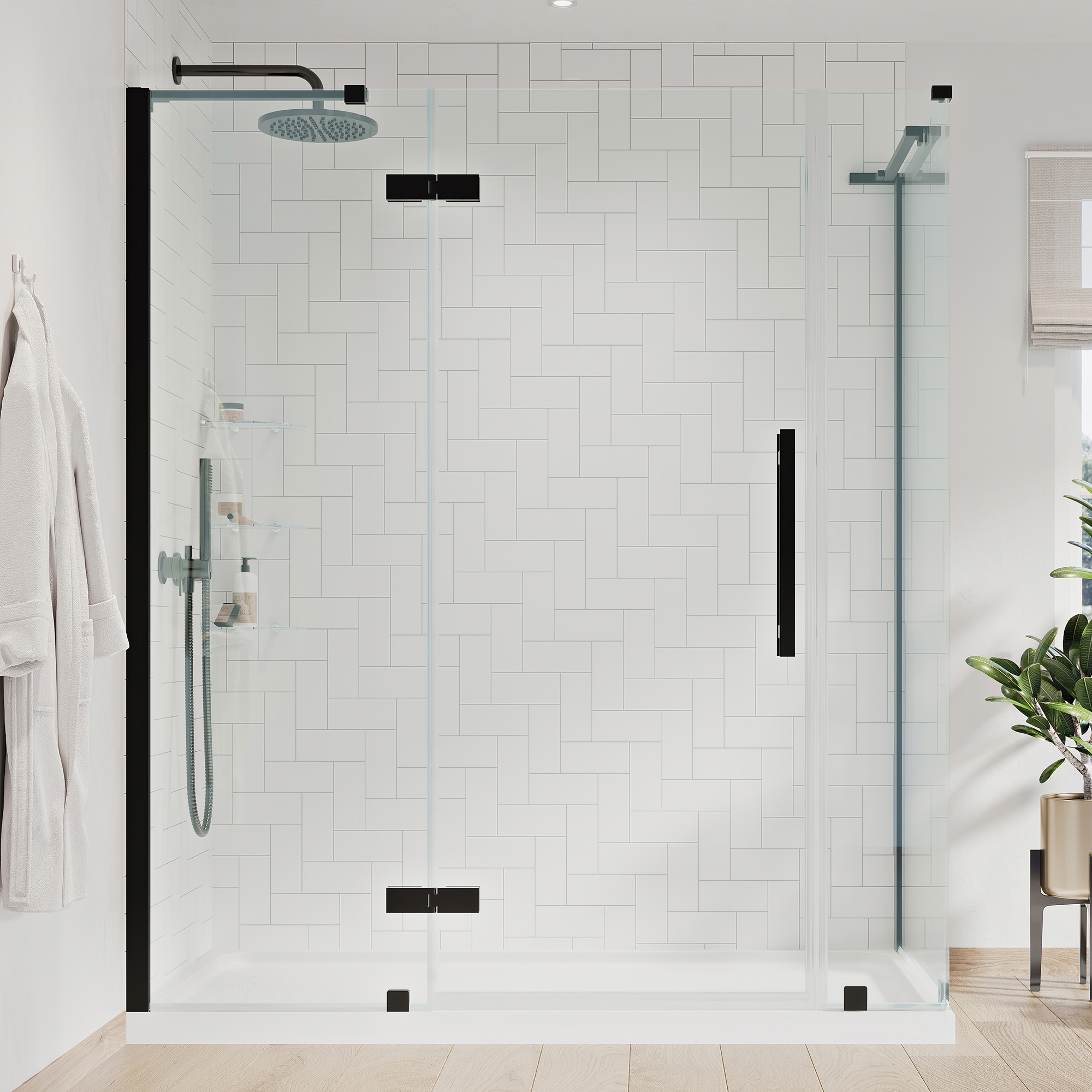 OVE Decors 828796076623 Tampa 60-in W x 36-in L x 75-in H Rectangular Corner shower kit ( Reversible Drain) Base and Door Included Satin black Hardware Included