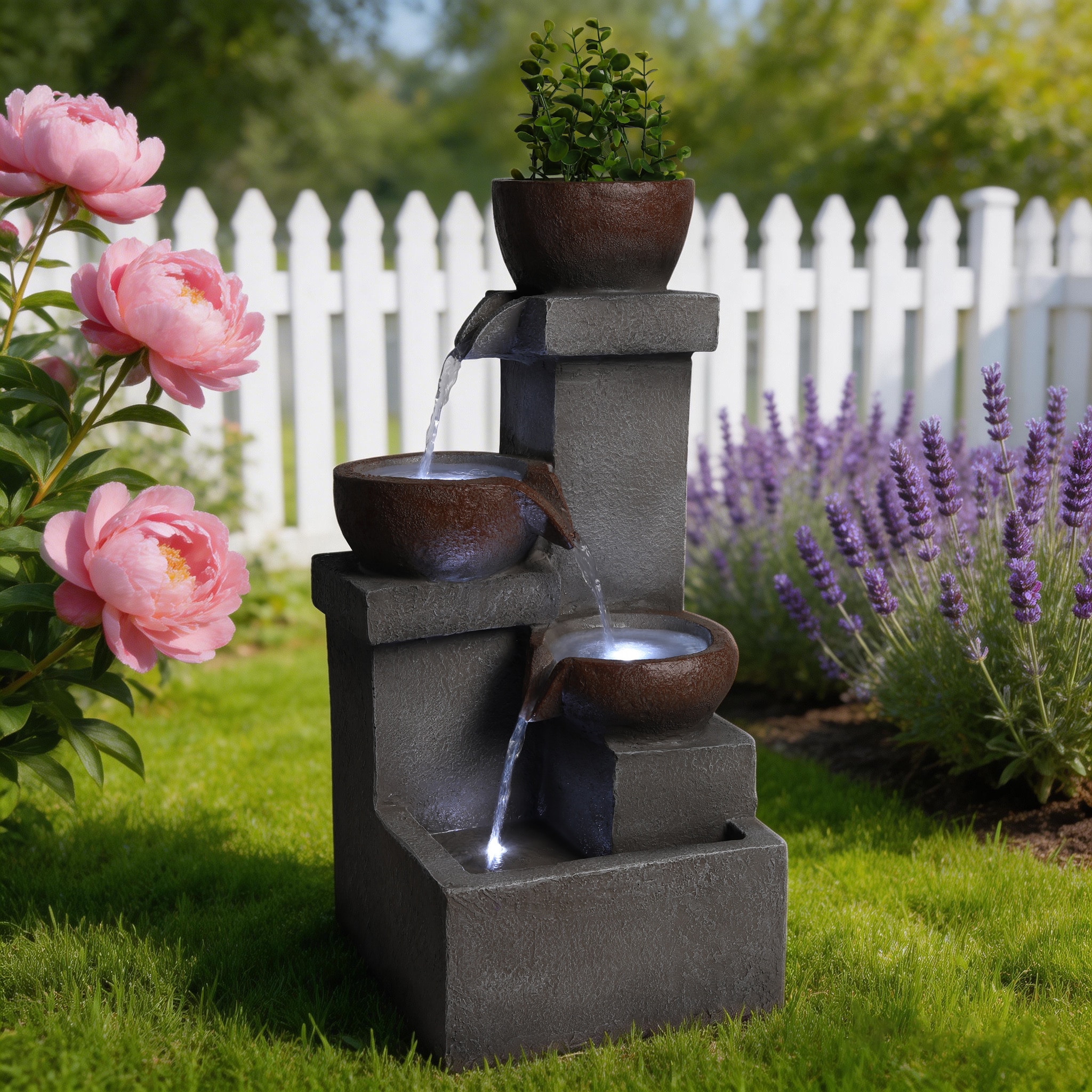 GDFStudio 23.6in H Tiered Cascading Jar Outdoor Water Fountain with LED Lights Resin Garden Waterfall with Planter for Patio Porch Decor
