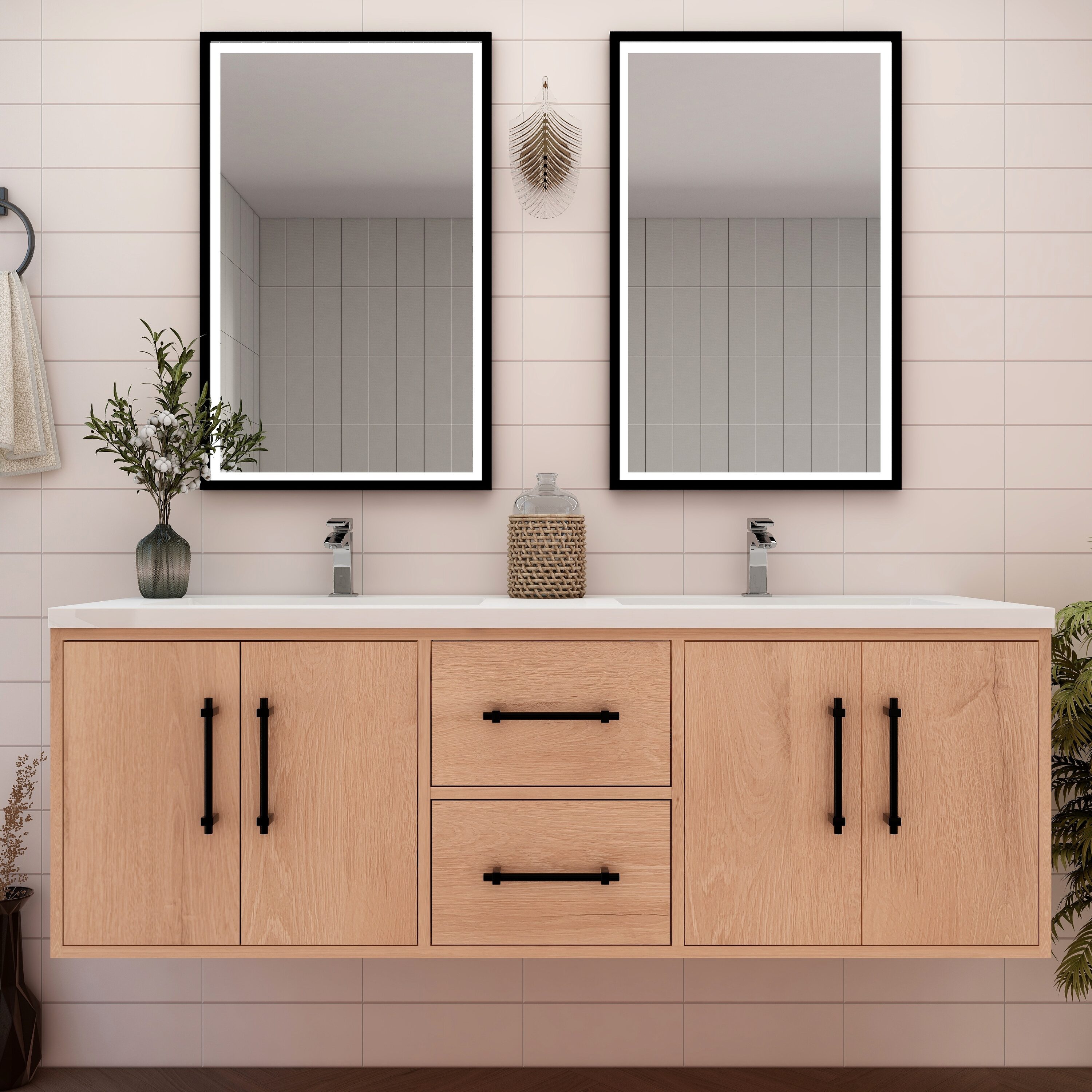 BV Better Vanity VICTORIA60DWH-RO Victoria 60-in Red Oak Double sink Floating Bathroom Vanity with White Acrylic Top