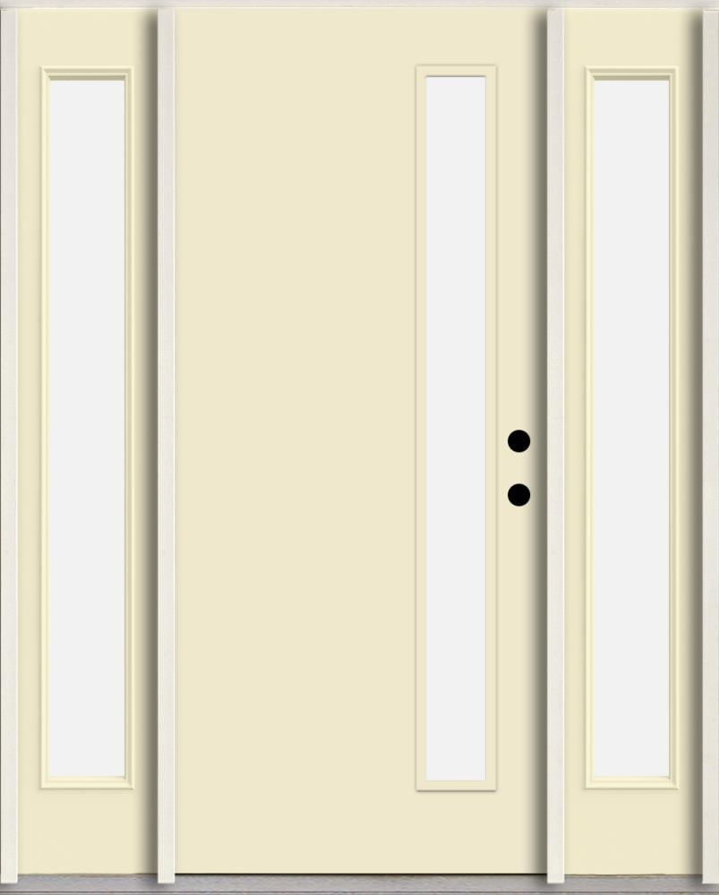 RELIABILT LO1065068 Spotlights 56-in x 80-in x 4-5/8-in Fiberglass 1/4 lite Left-hand inswing Bisque Paint Painted Prehung Front Door with Sidelights Insulating core