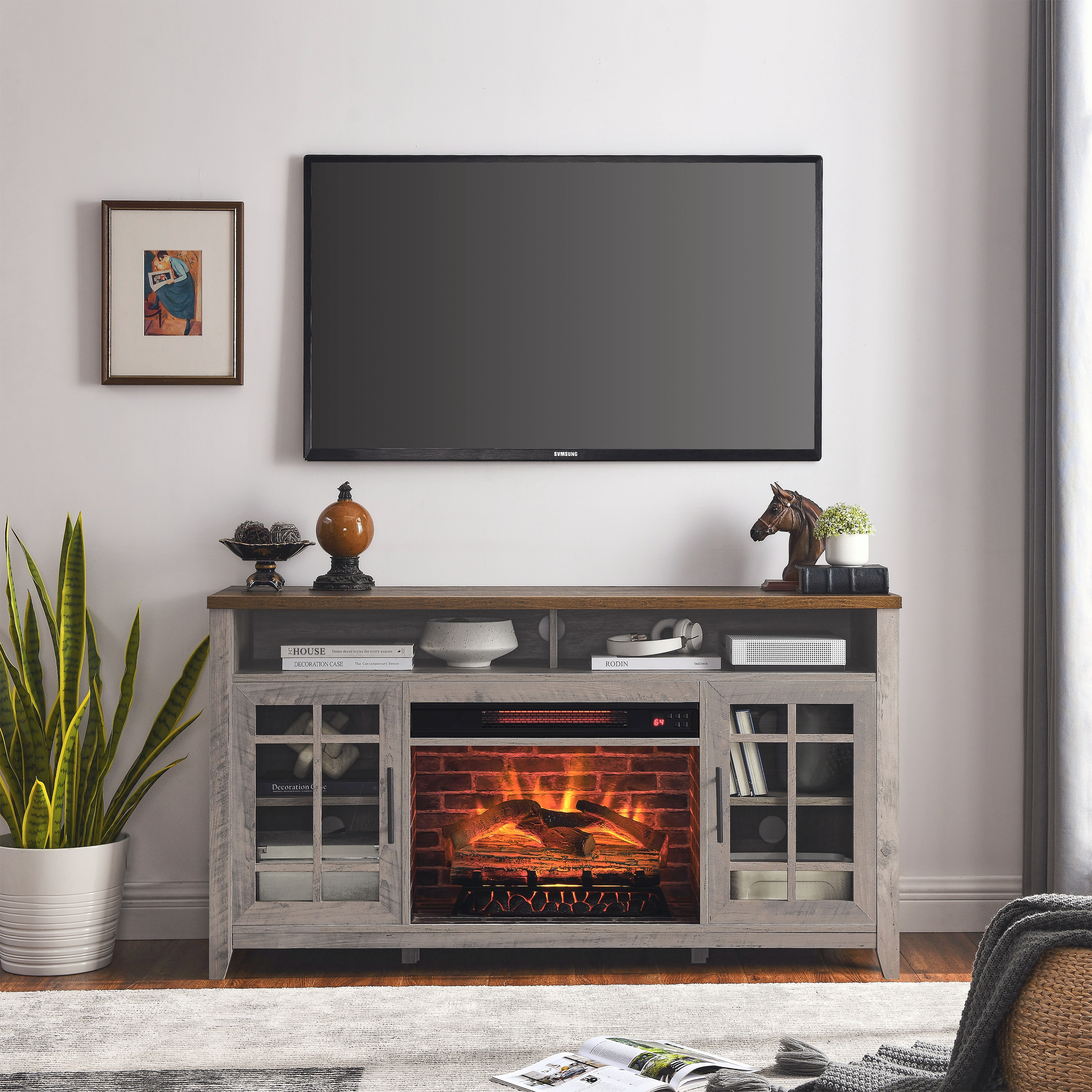 Clihome CL-CB72643 55-Inches W Gray Wash TV Stand with Infrared quartz Flat wall Electric Fireplace with Remote Control Included