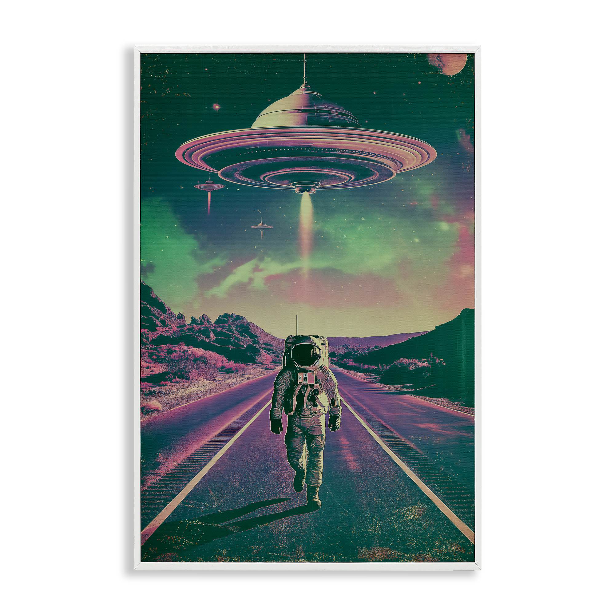 Stupell Industries BT-292-WFR-12X18 Astronaut with Overhead UFO Framed Giclee design by Wumples