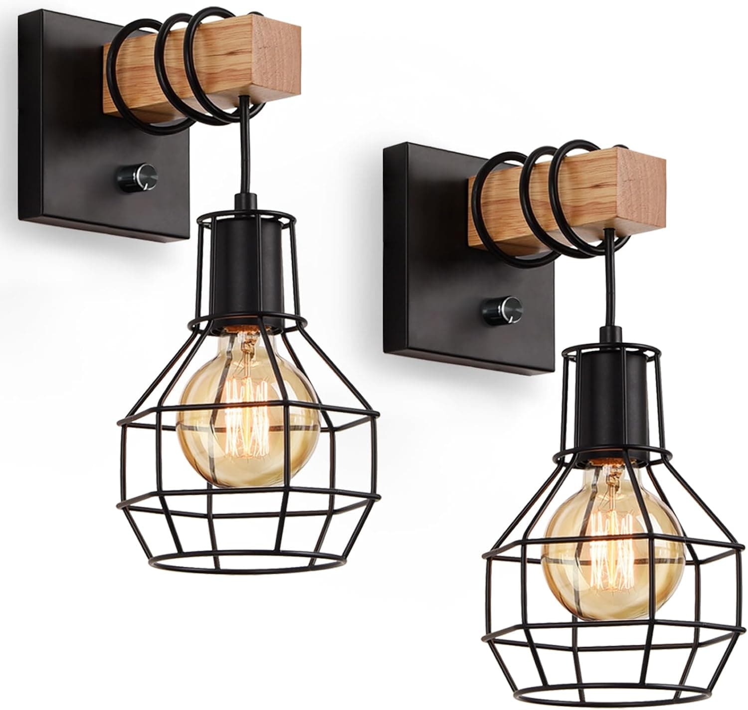 Slagawa  Black Metal Cage Wall Sconces Set of 2 with Dimmer Switch Dimmable Adjustable Brightness Rustic Farmhouse Indoor Lighting