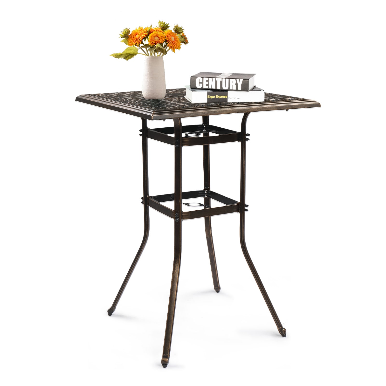 VINGLI 31.5W x 42H Sqaure Bar Height Patio Table with Umbrella Hole/Cast Aluminum Tall Outdoor Table Bronze