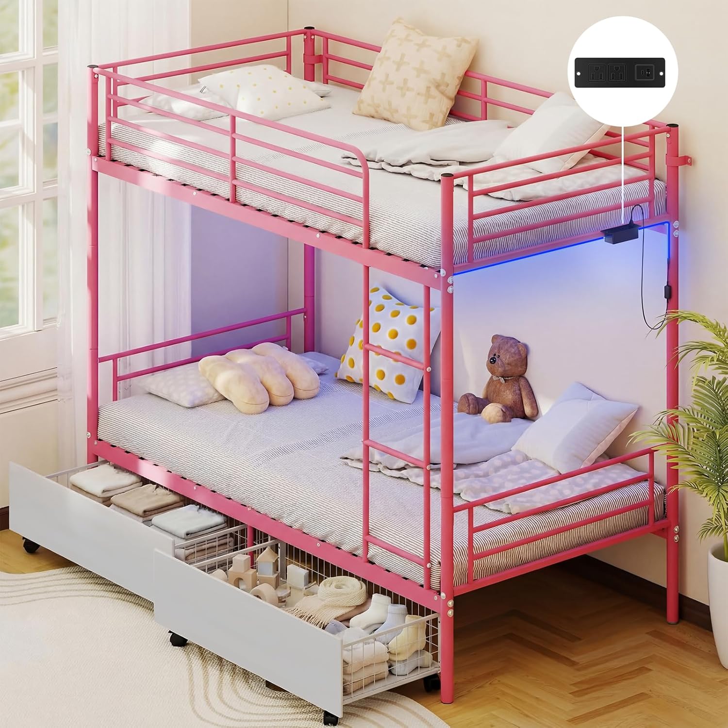 Zevemomo Metal Twin Over Twin Bunk Bed with 2 Storage Drawers and LED Light (Pink)