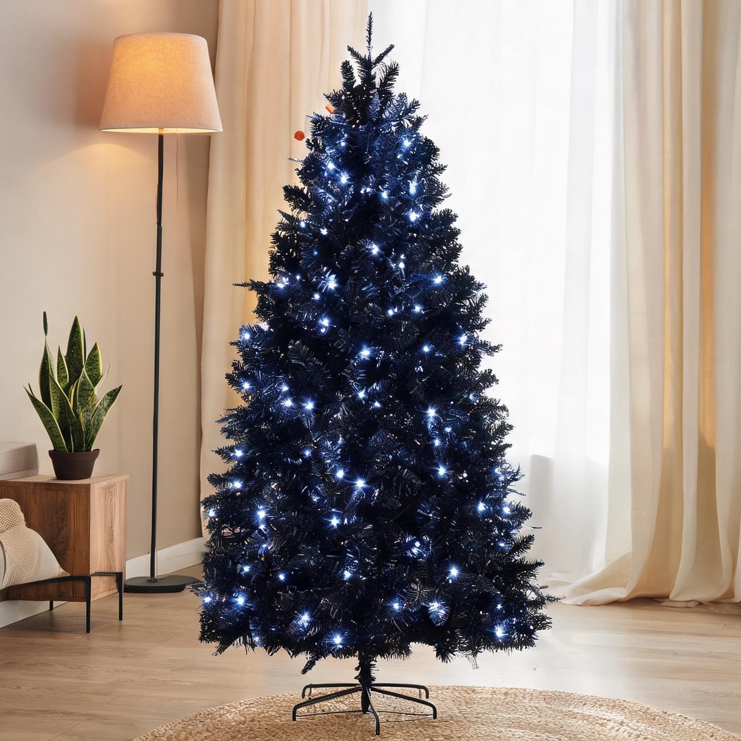 SunJet Artificial Christmas Tree with LED Lights Hinged 7ft PE/PVC Mixed Tips Foldable Base
