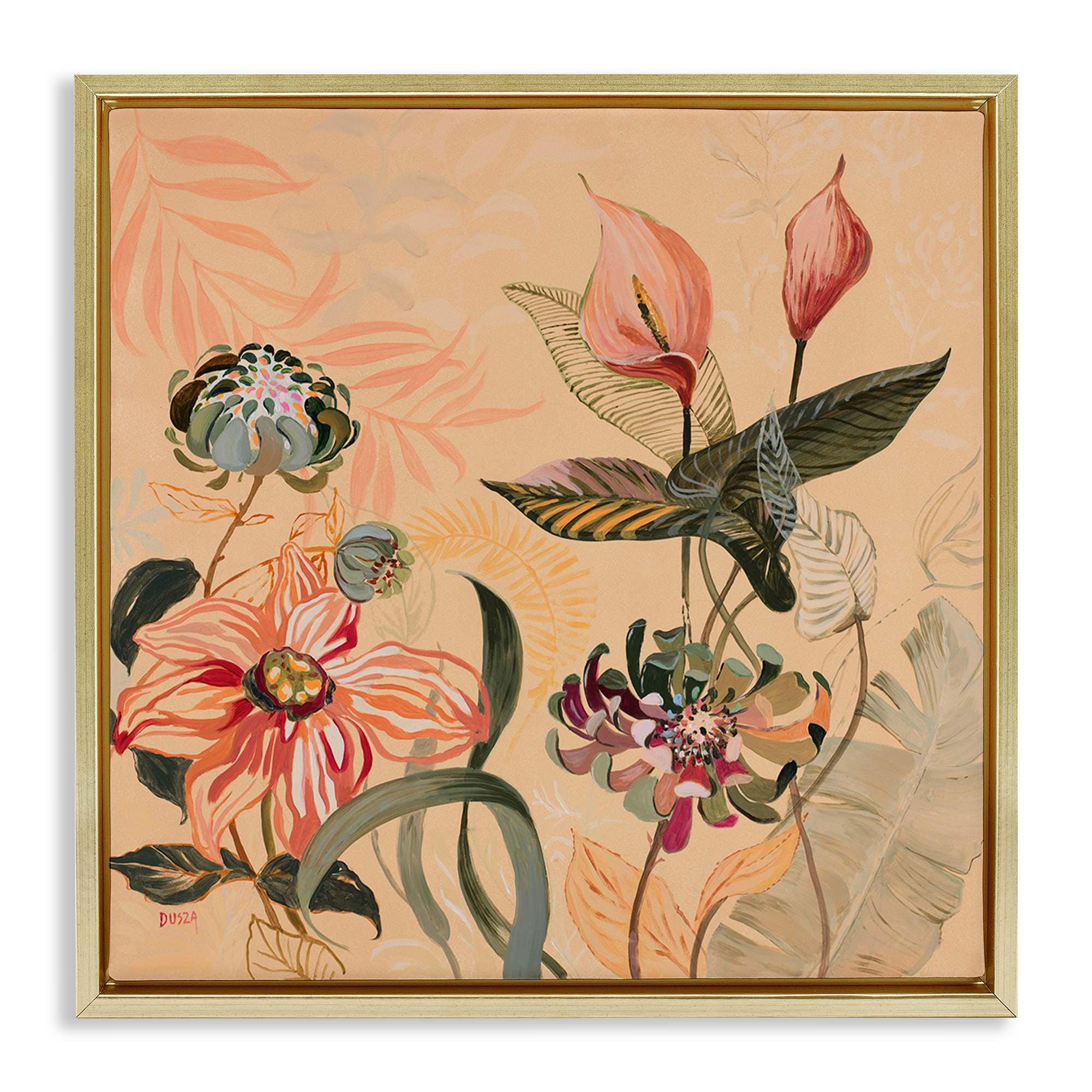 Stupell Industries BS-791-FFG-17X17 Tropical Foliage and Blooms Gold Framed Floater Canvas Wall Art By Dusza 18 x 18