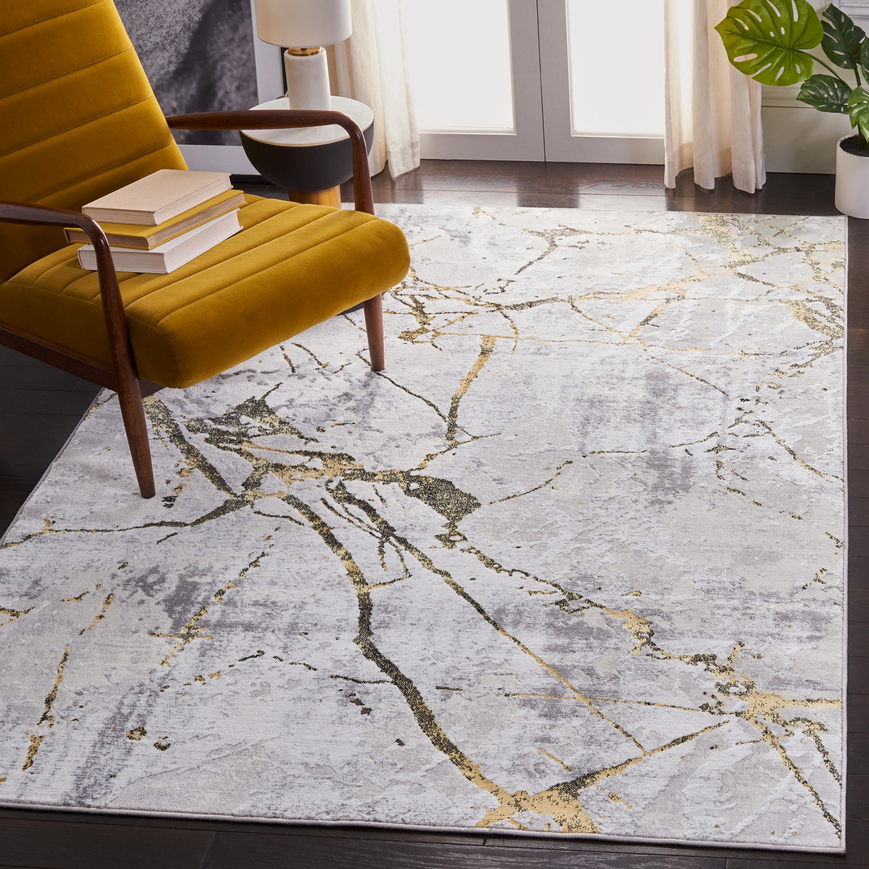 Safavieh ALA293G-4 Amelia Fietje 4 x 6 (ft) Loomed Synthetic Gray/Gold Rectangular Indoor Abstract Bohemian/Eclectic Area rug