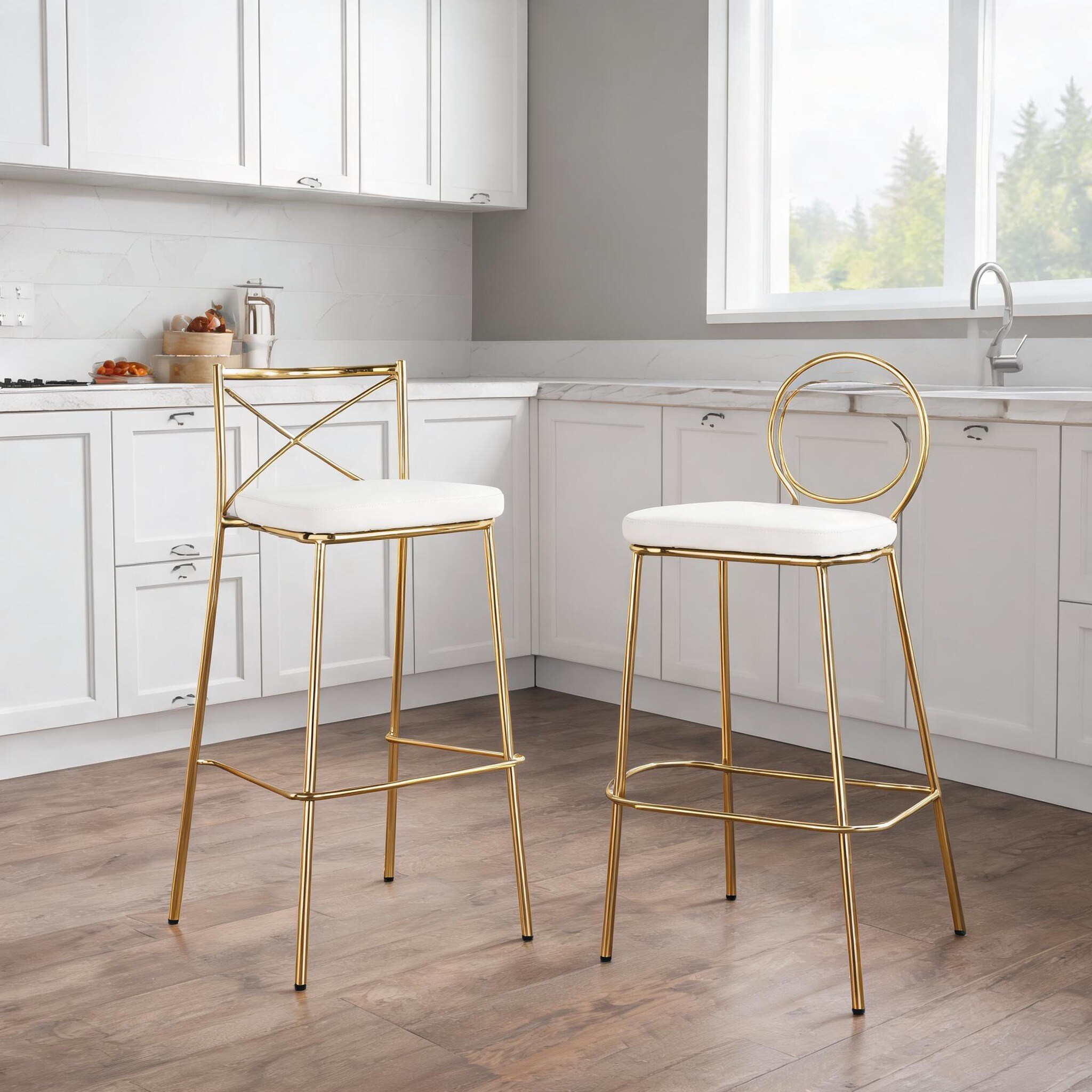 Watnature Crisp White Faux Leather and Gold Metal Bar Stools Set of 2 ...