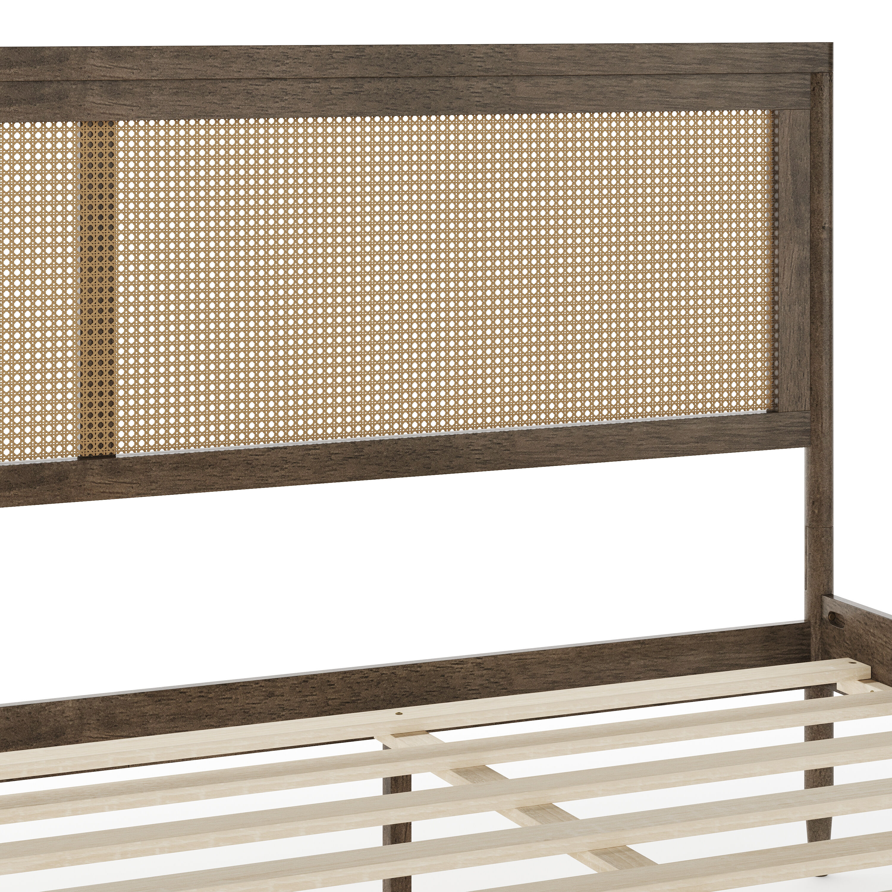 King Brown Gray Wood Frame Platform Bed with Rattan Headboard